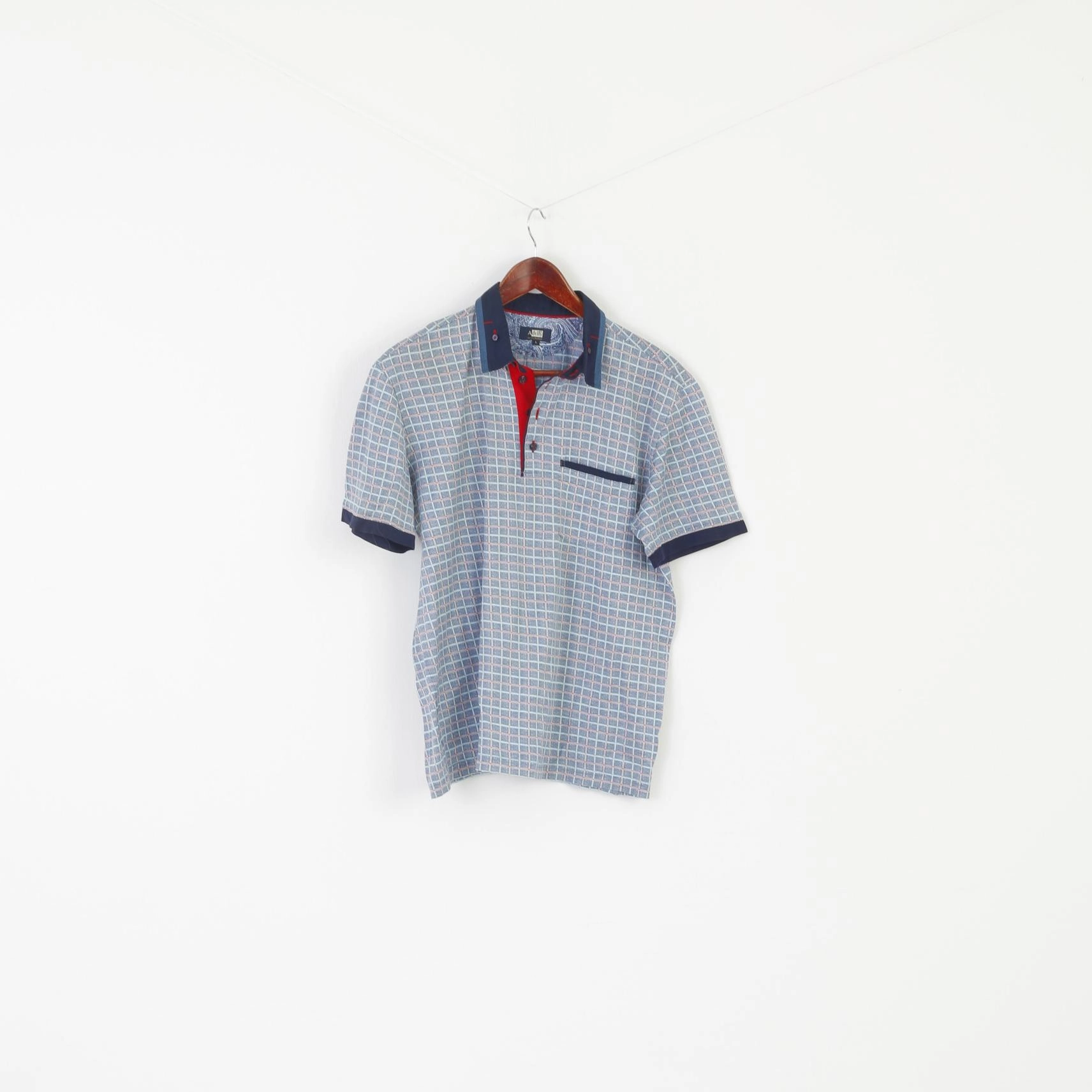 Adelly Men L Polo Shirt Blue Cotton  Check Pocket Detailed Buttons Classic Top Curved Hemline