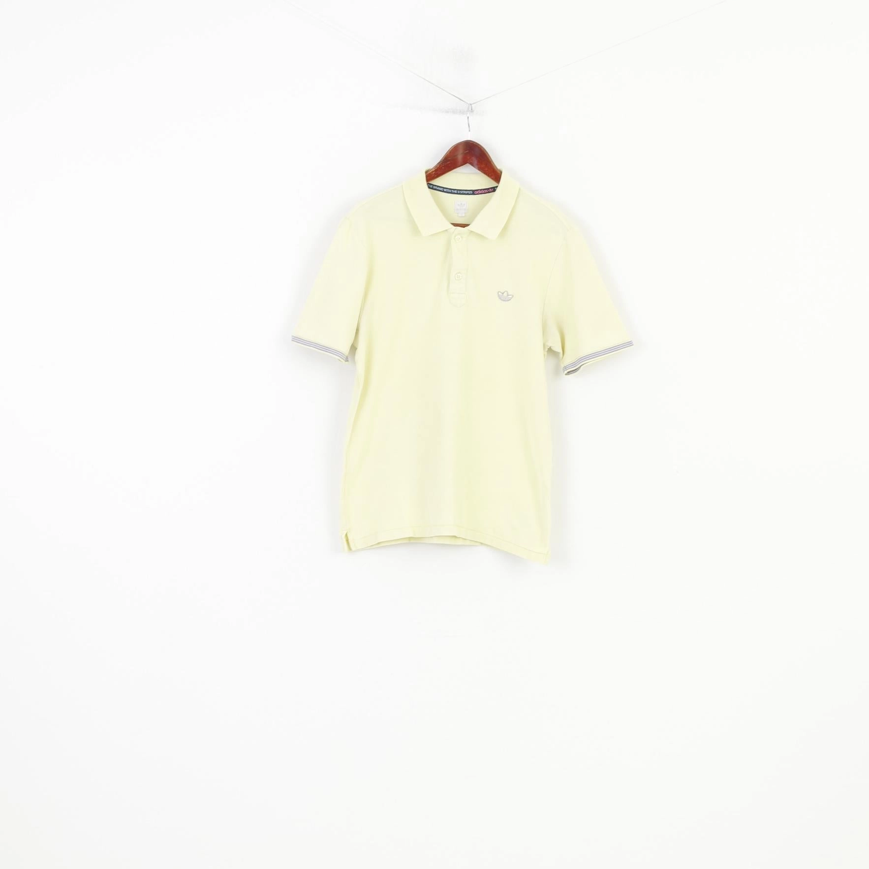 Adidas Men M Polo Shirt Yellow Buttons Detailed  3 Stripes Short Sleeve Top Brushed Interior Lining