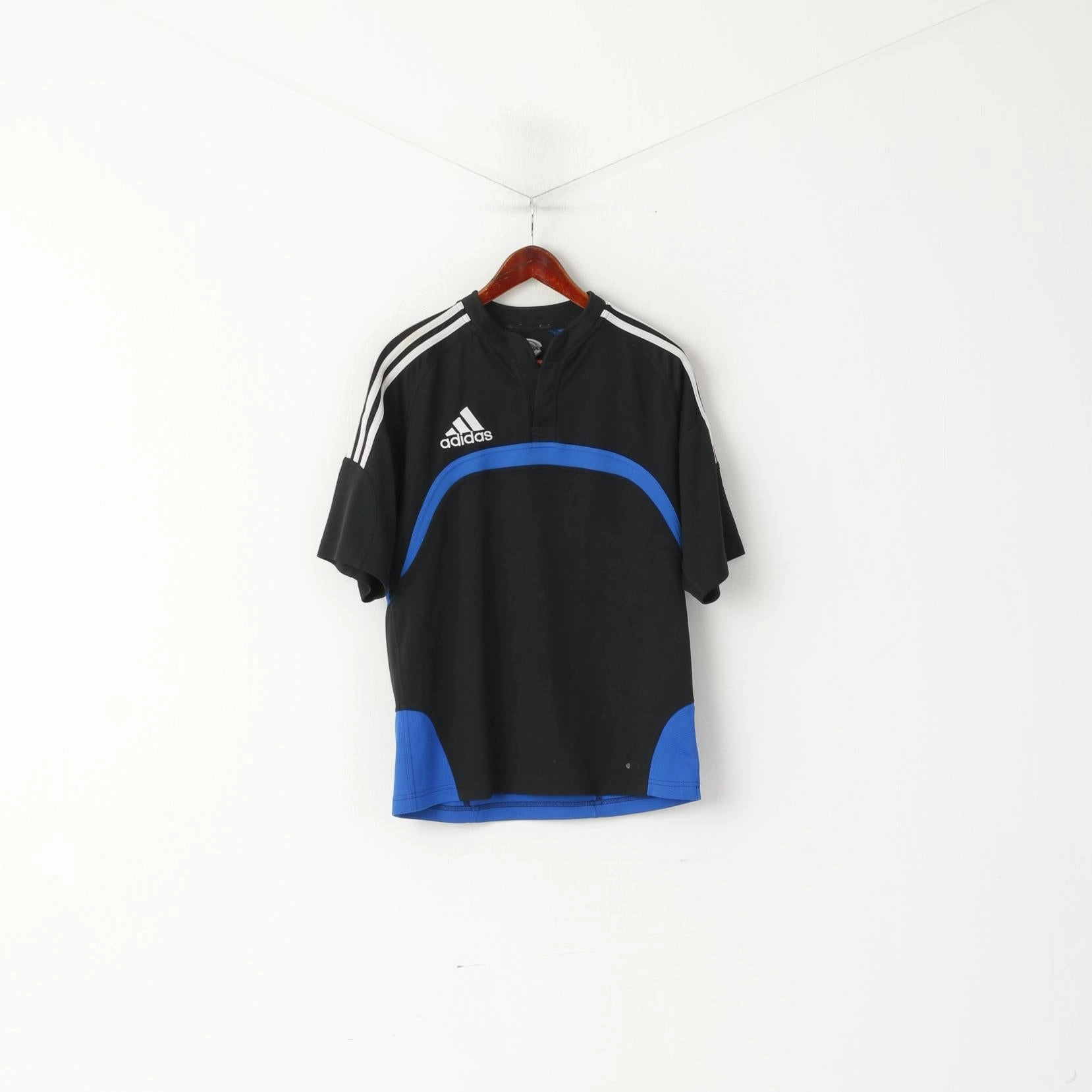 Adidas Men M Shirt Black Vintage Sportswear 3 Stripe Buttoned Neck Short Sleeve Top Skinny Fit