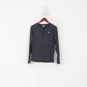 Adidas Men S Long Sleeved Shirt Black Gray Striped Cotton Detailed Buttons Top Active Comfort