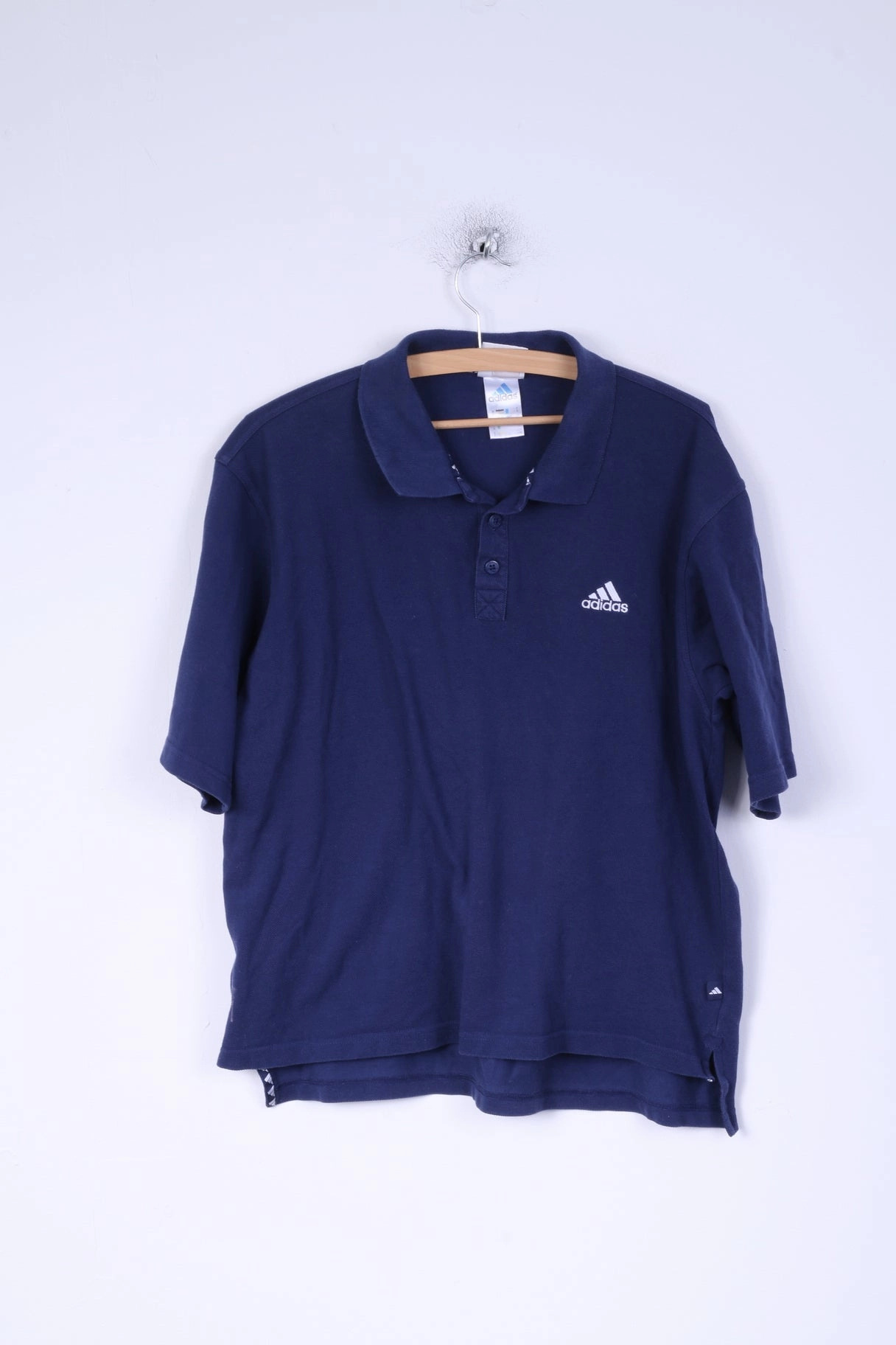 Adidas Mens L (M) Polo Shirt Cotton Navy Detailed Buttons Sport Top Minimal Fit spandex blend