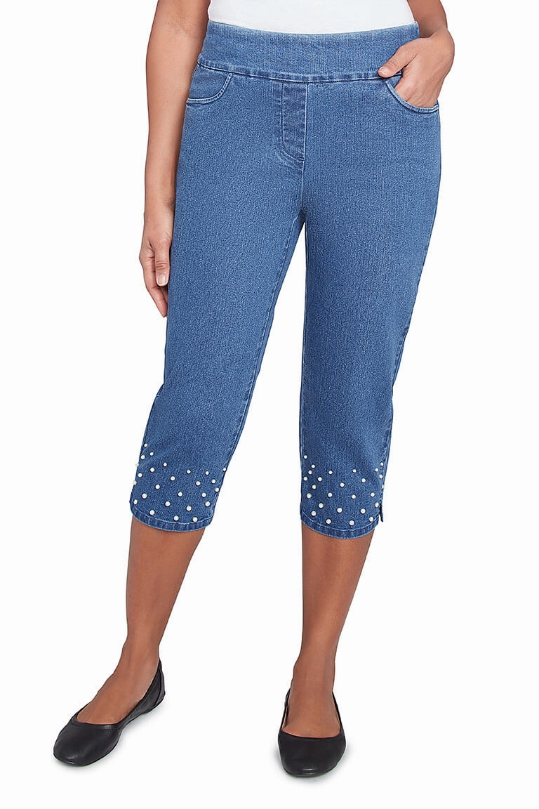 Petite Flower Power Pearl Studded Denim Capri Pant Warm Fit Durable Design