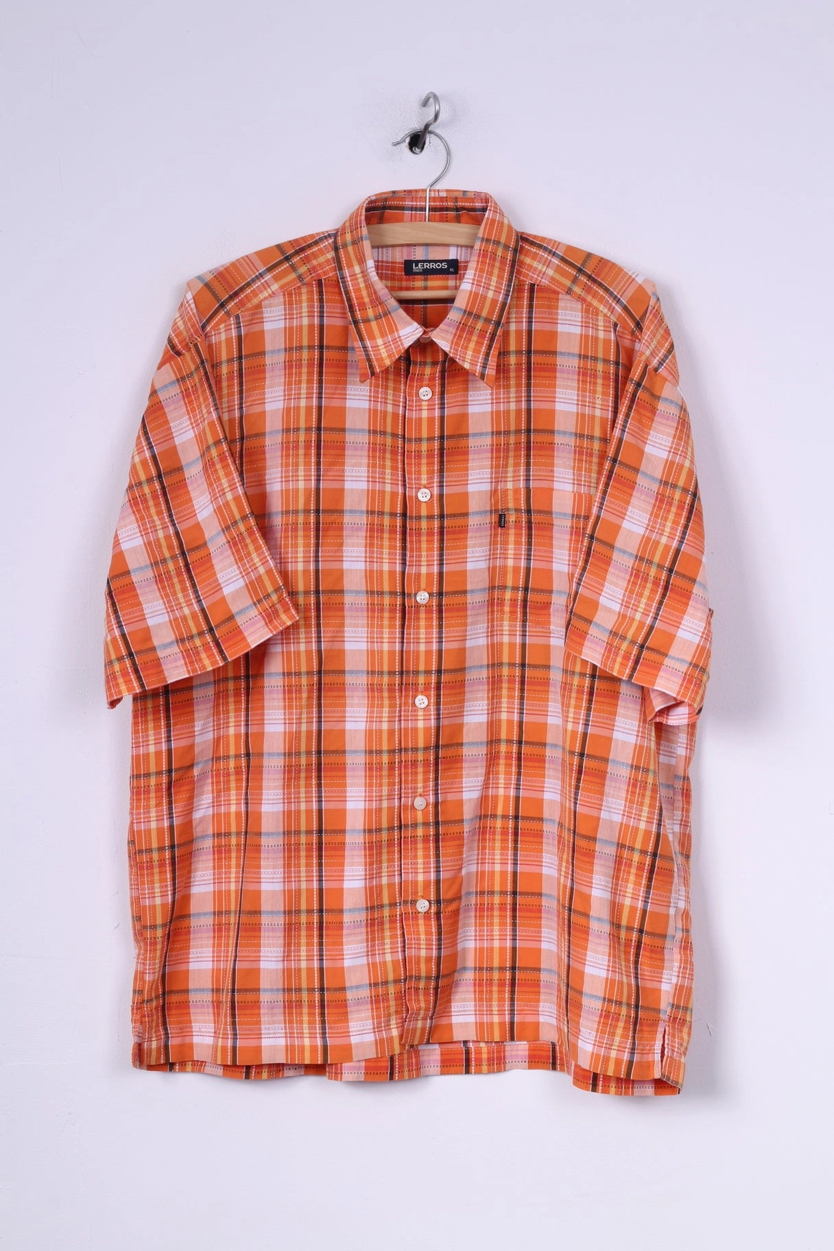Seasonal Casual Soft Texture Lerros Mens XL Casual Shirt Check Short Sleeve Orange Cotton Top