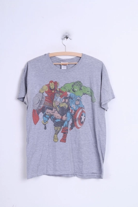 Marvel Comics Mens L Shirt Grey Cotton Sport Crew Neck Flexible Neckband