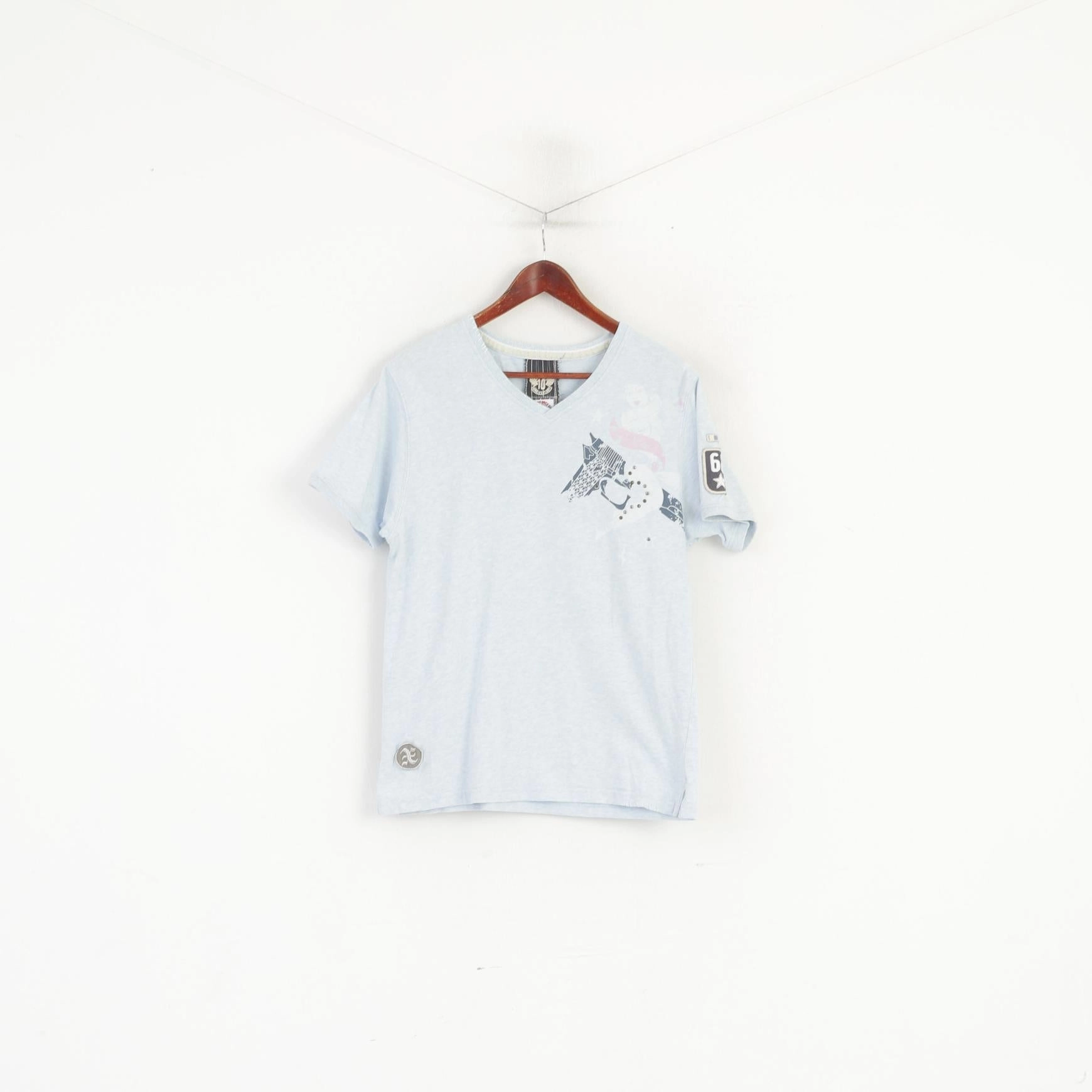 AirForce Men L (M) Shirt Blue Cotton V Neck 10 Anniversary Freedom Top Cozy Feeling