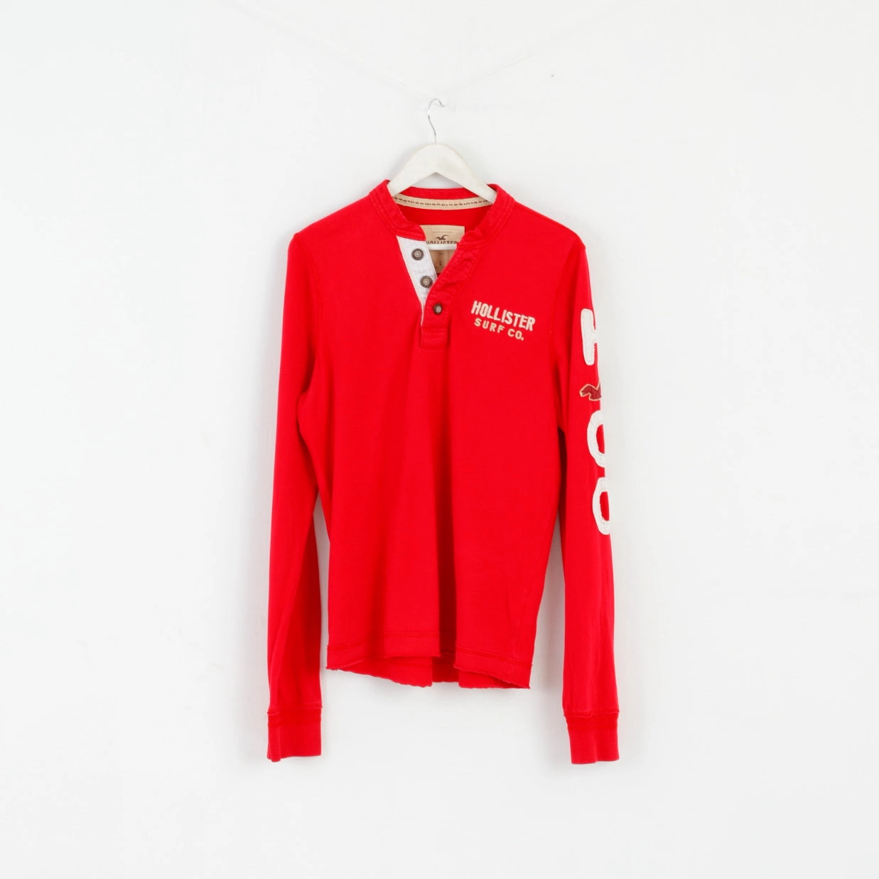 Fashion Fit Hollister Men L Long Sleeved Shirt Red Cotton Emroidered Sleeve Casual Top