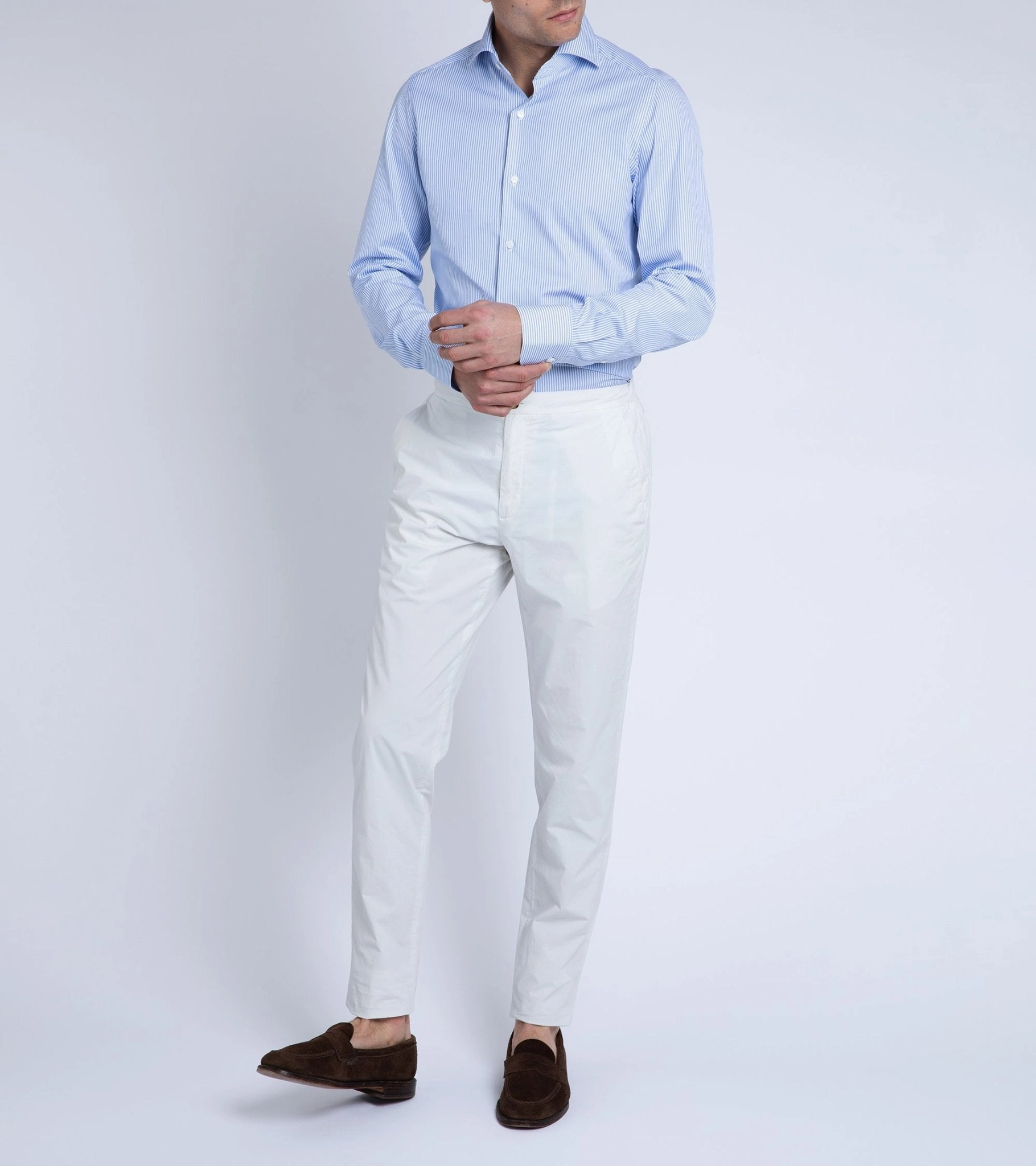 Finamore Milano Eduardo 120 Double Twist Cotton Formal Shirt: Blue Stripe Sports Ready No Slip Shoulder Grip