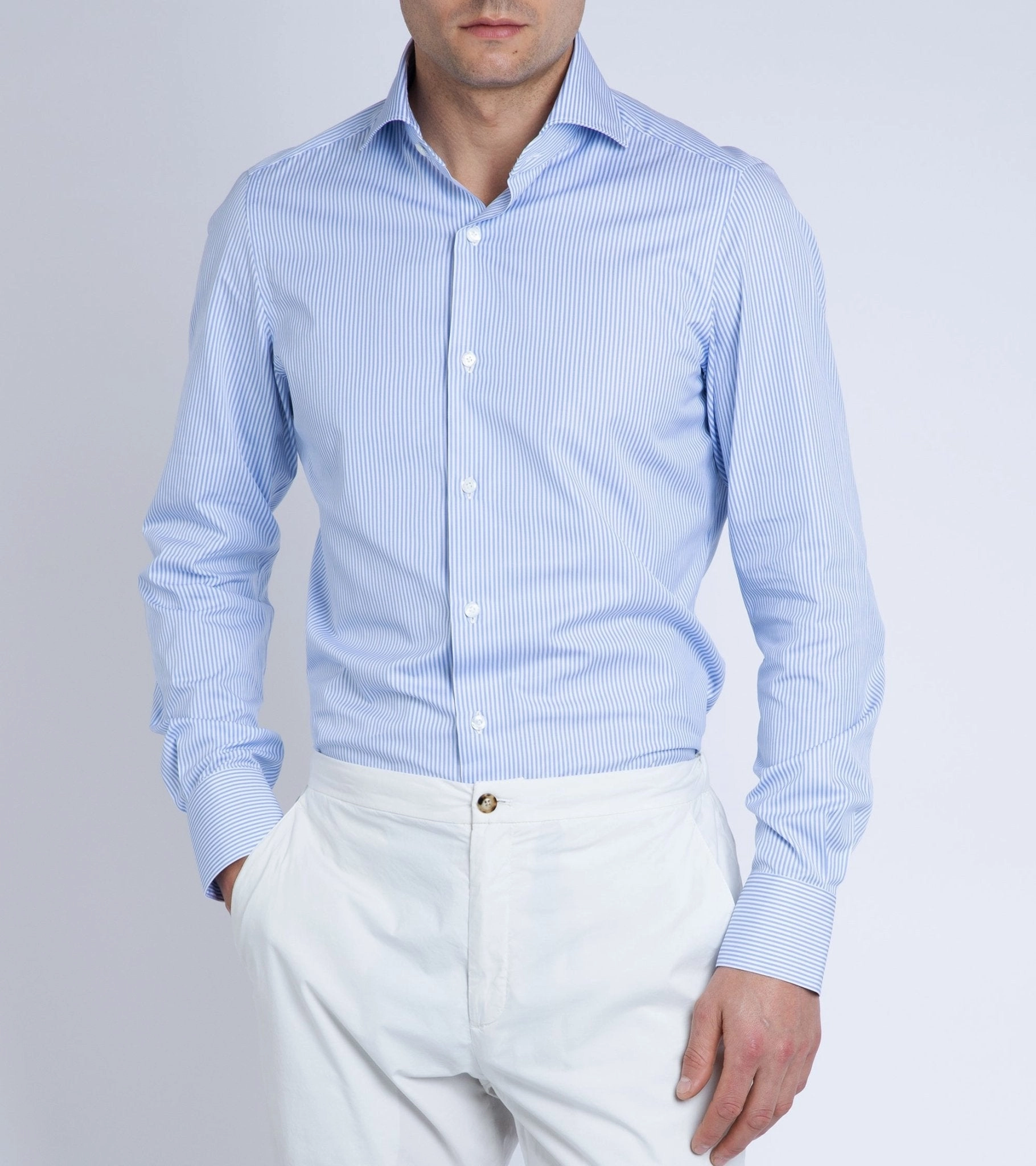 Finamore Milano Eduardo 120 Double Twist Cotton Formal Shirt: Blue Stripe Snag Free Surface Timeless Classic