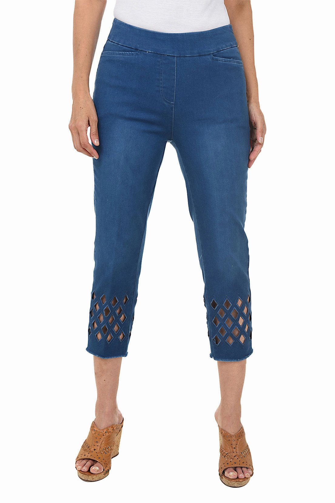 Recycled Polyester Full Comfort Diamond Eyelet Denim Capri Pant