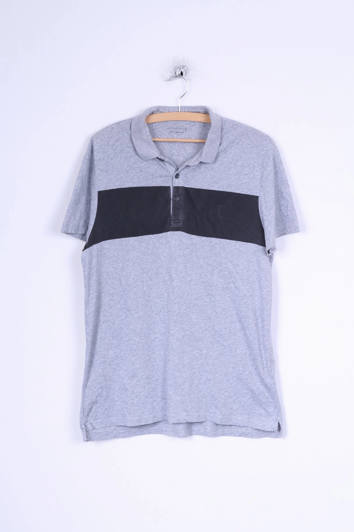 All Saints Mens S Polo Shirt Grey Cotton Stretch Short Sleeve NonRestrictive Cut Stylish Layer Look