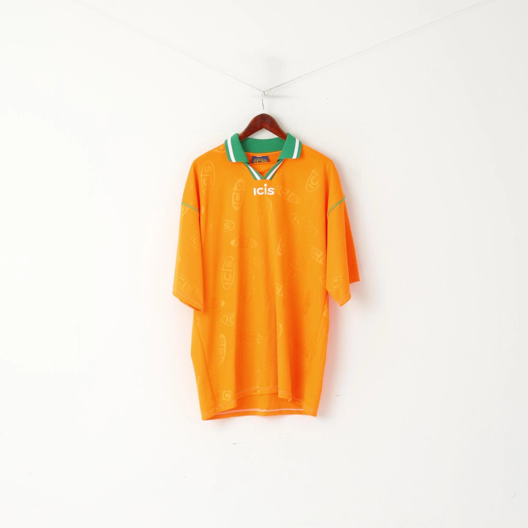 Reinforced Shoulder Stitching ICIS Men XL Polo Shirt Orange Neon Vintage Football Activewear Jersey Top