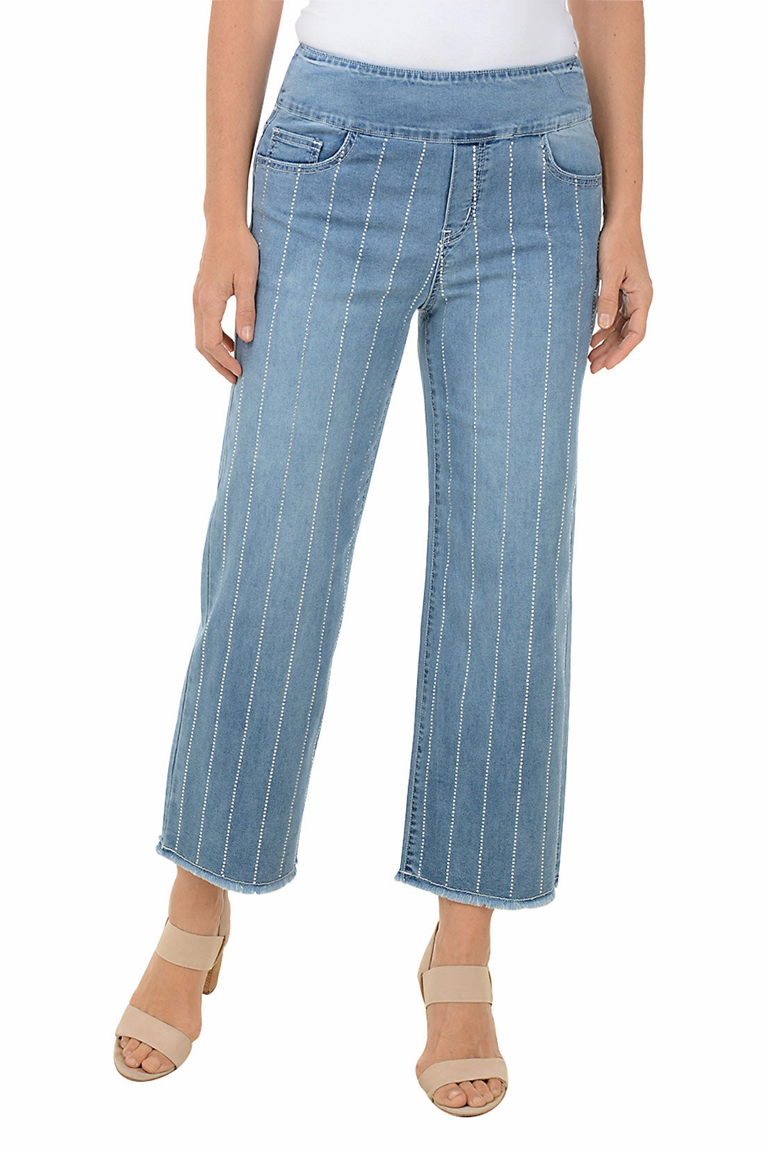 Rhinestone Striped Wide Leg Denim Pant Slim Fit Wear Lightweight