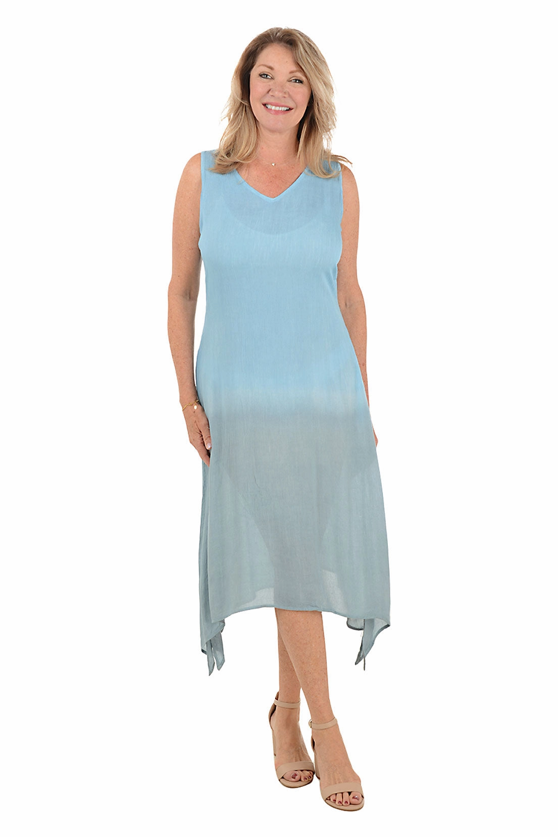 Blue Dip-Dye Sleeveless Midi Dress Silky-Lining Relax Piece