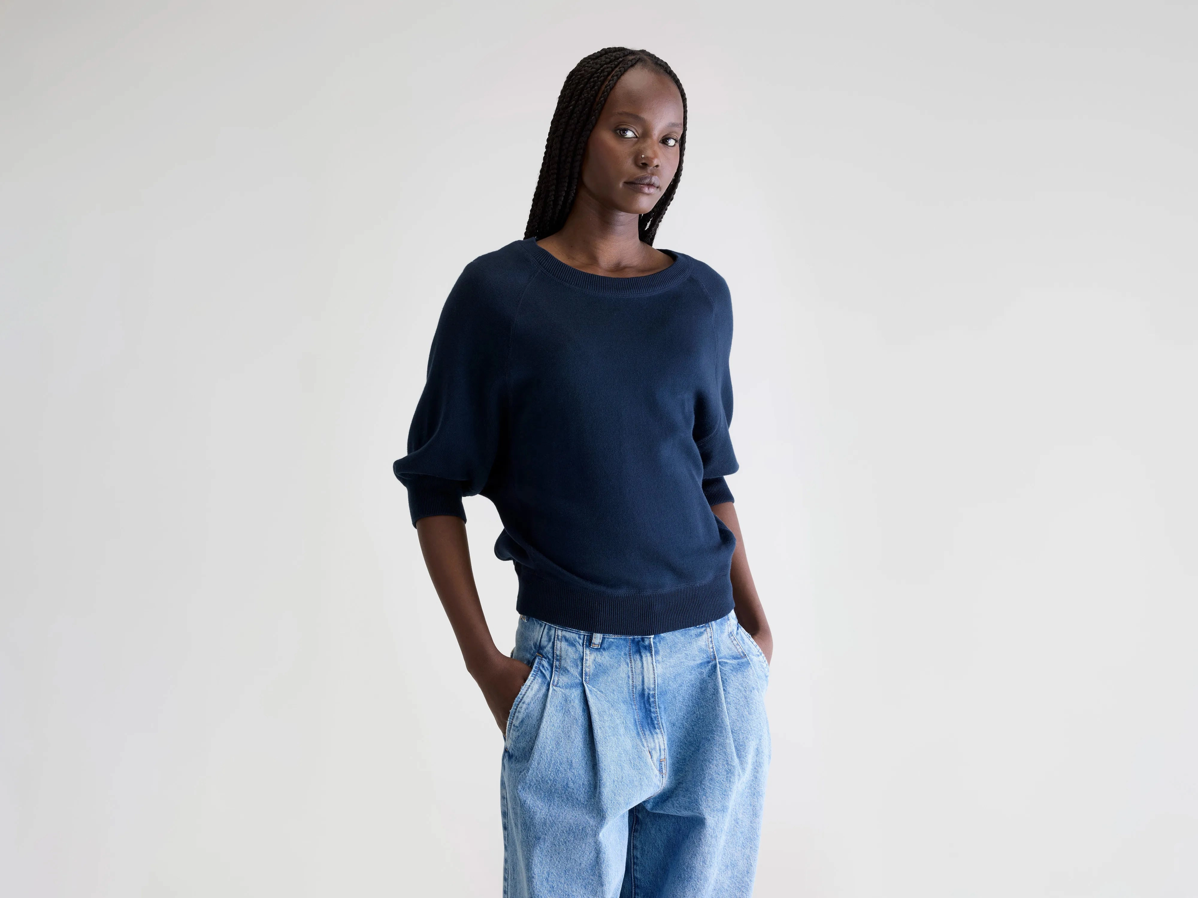 Elastic design fleece material Anglet crew-neck sweater (242 / W / NAVY)