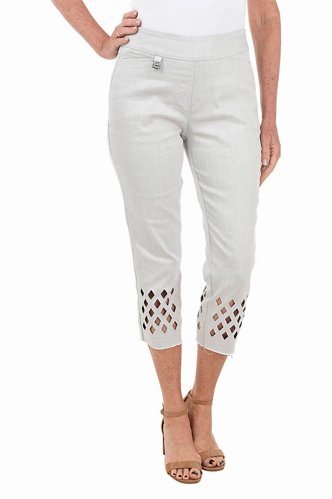 Diamond Eyelet Denim Pull-On Capri Pant Eco Dye Process