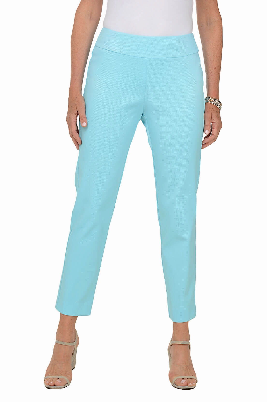 Aqua Textured Pique Pull-On Ankle Pant Twill Weave Texture Soft Support