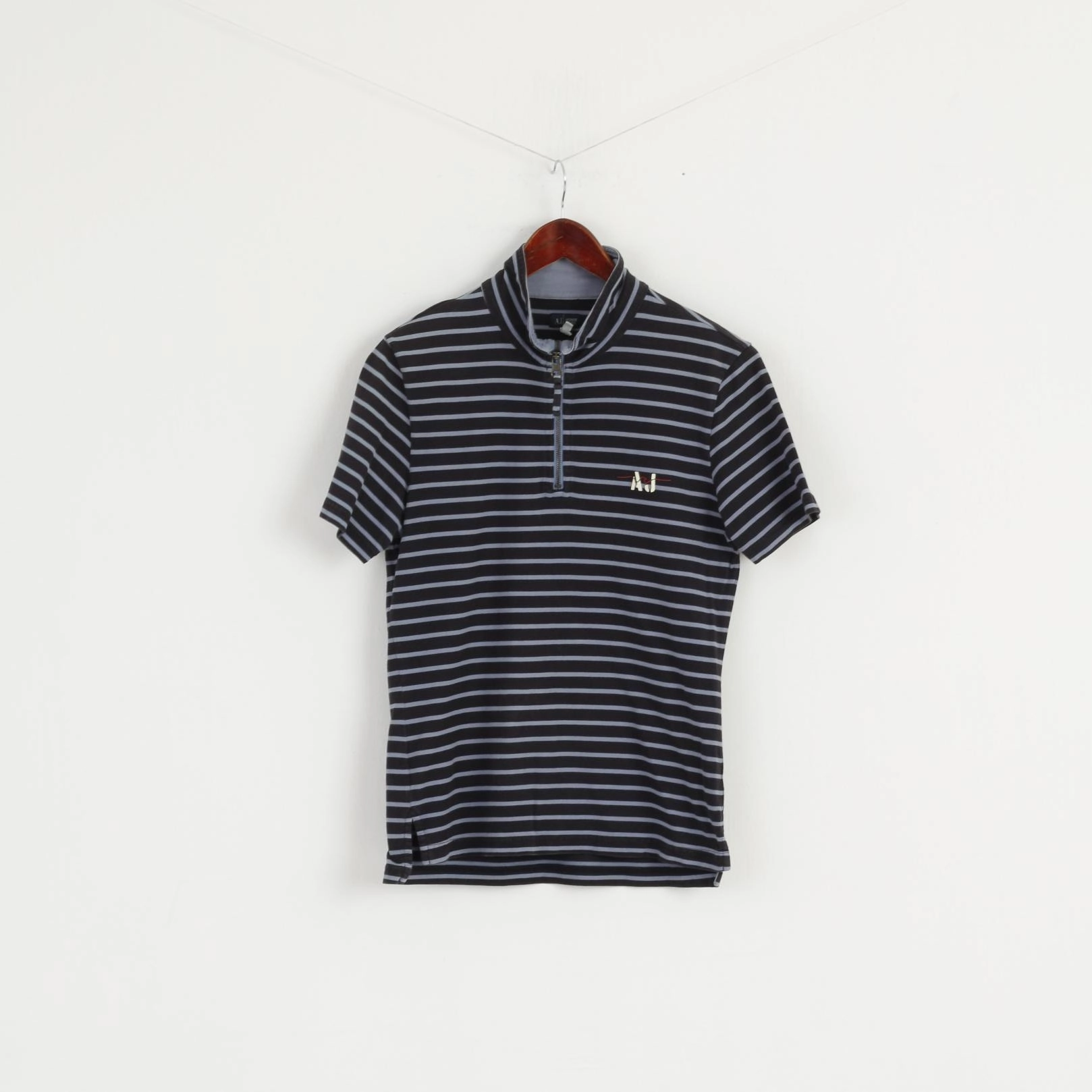 Seasonal Staple Retro Style Armani Jeans Men M (S) Shirt Navy Striped Cotton Zip Neck Slim Fit Short Sleeve Top