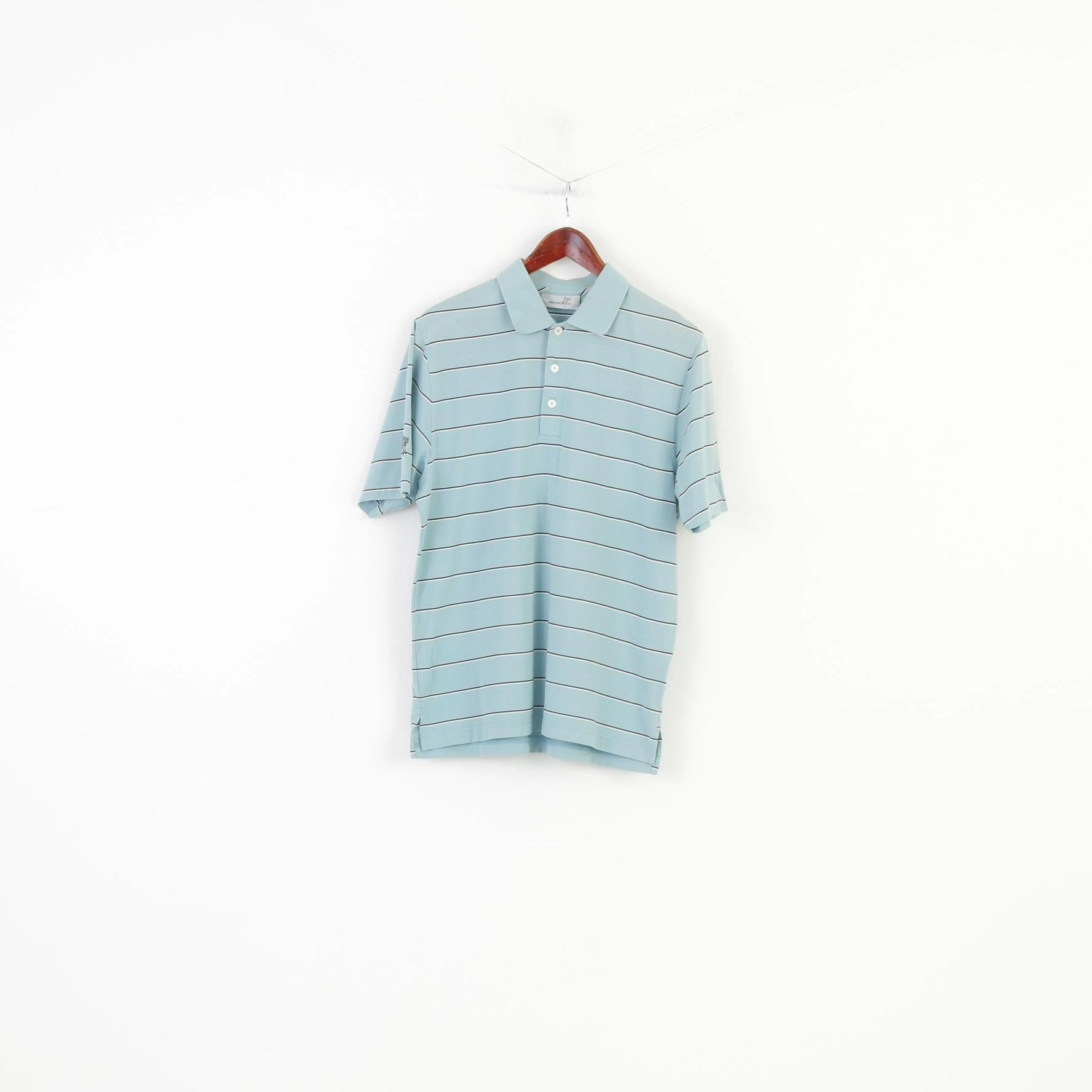 Ashworth Men L Polo Shirt Striped Mint Cotton Jersey Short Sleeve Top Comfy Stretch Smart Layering