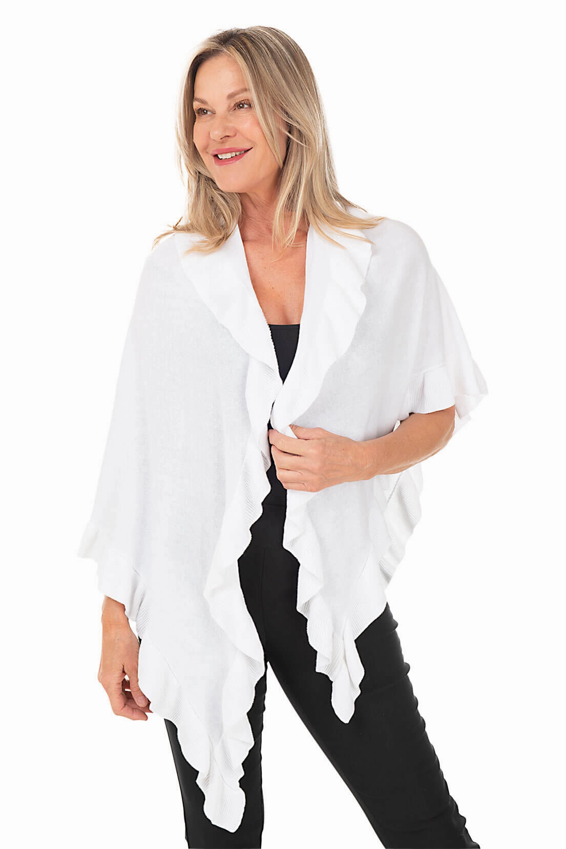 Ava Ruffle Wrap Sweater Eco Friendly Yarn Relaxed Warmth