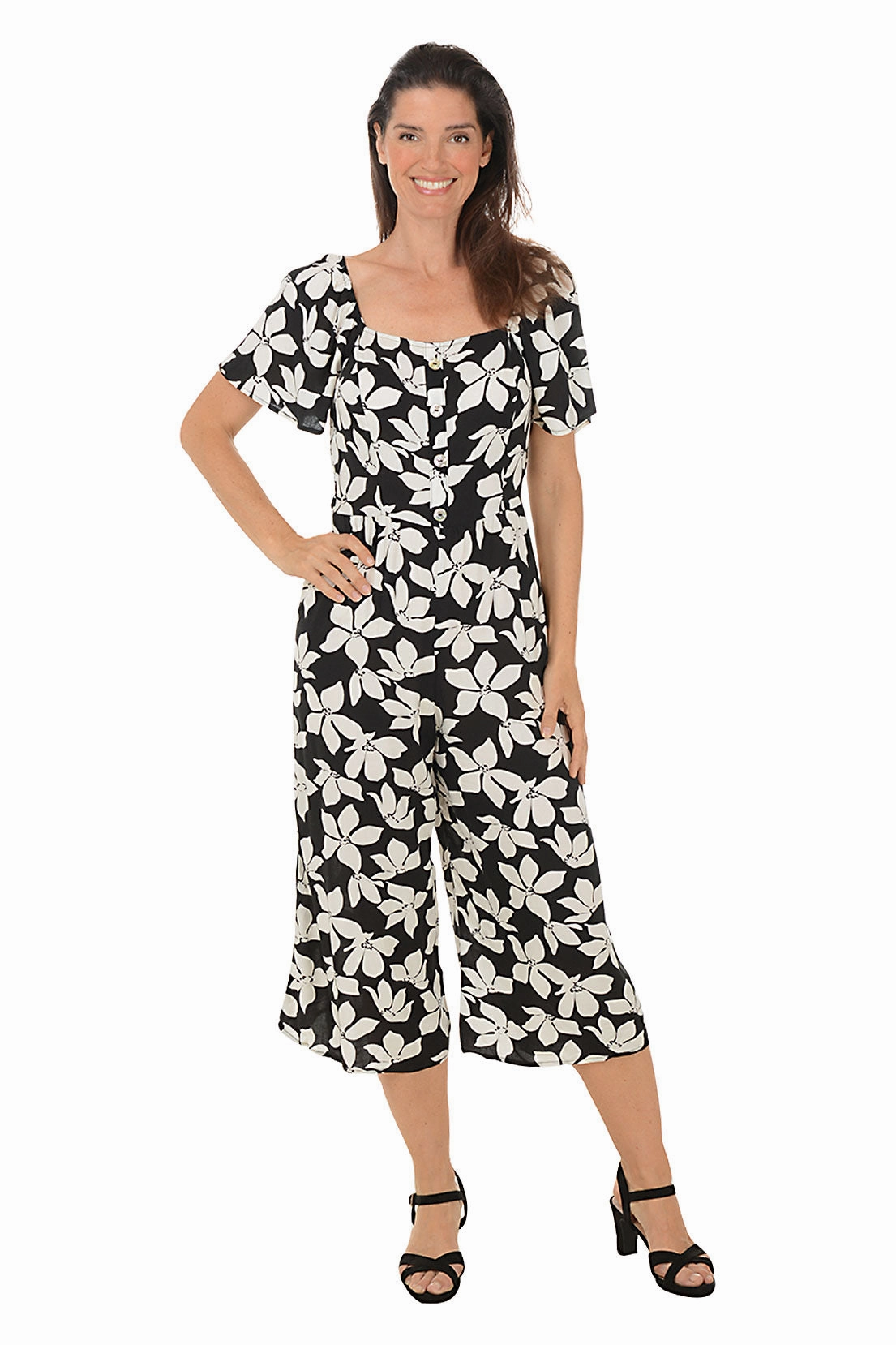 Black Floral Square Neck Jumpsuit Calm Style Flexible Cut
