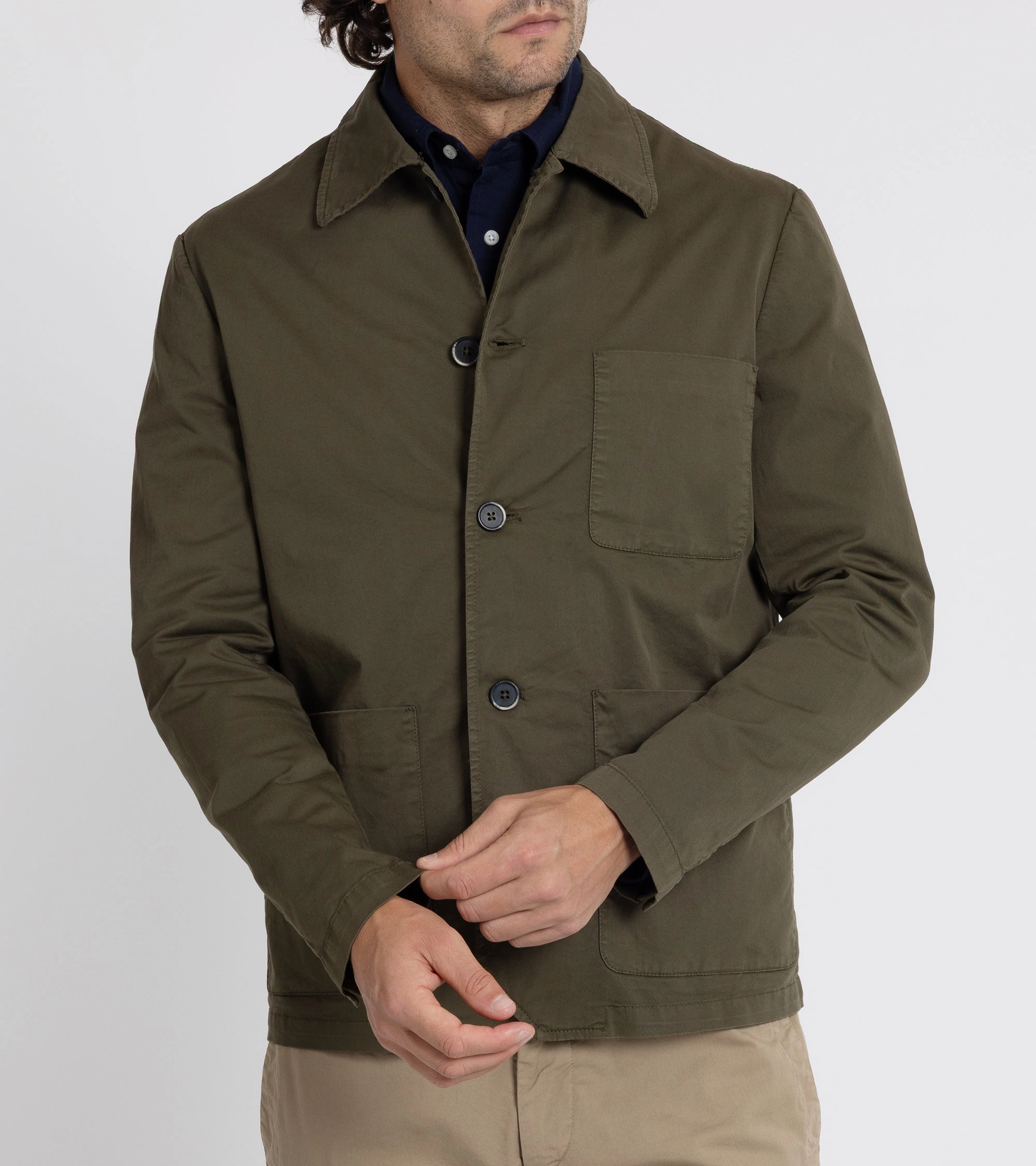 Barena Visal Trevo Cotton Twill Shirt Jacket: Army Heat Trapping Layer Flexible Waistband