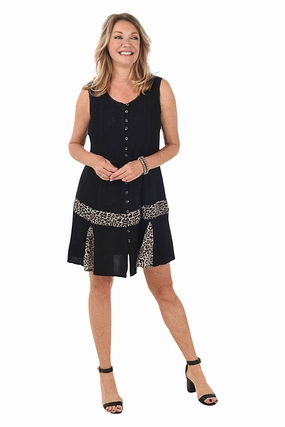 Event Mood Black Animal Embroidery Button-Front Tank Dress