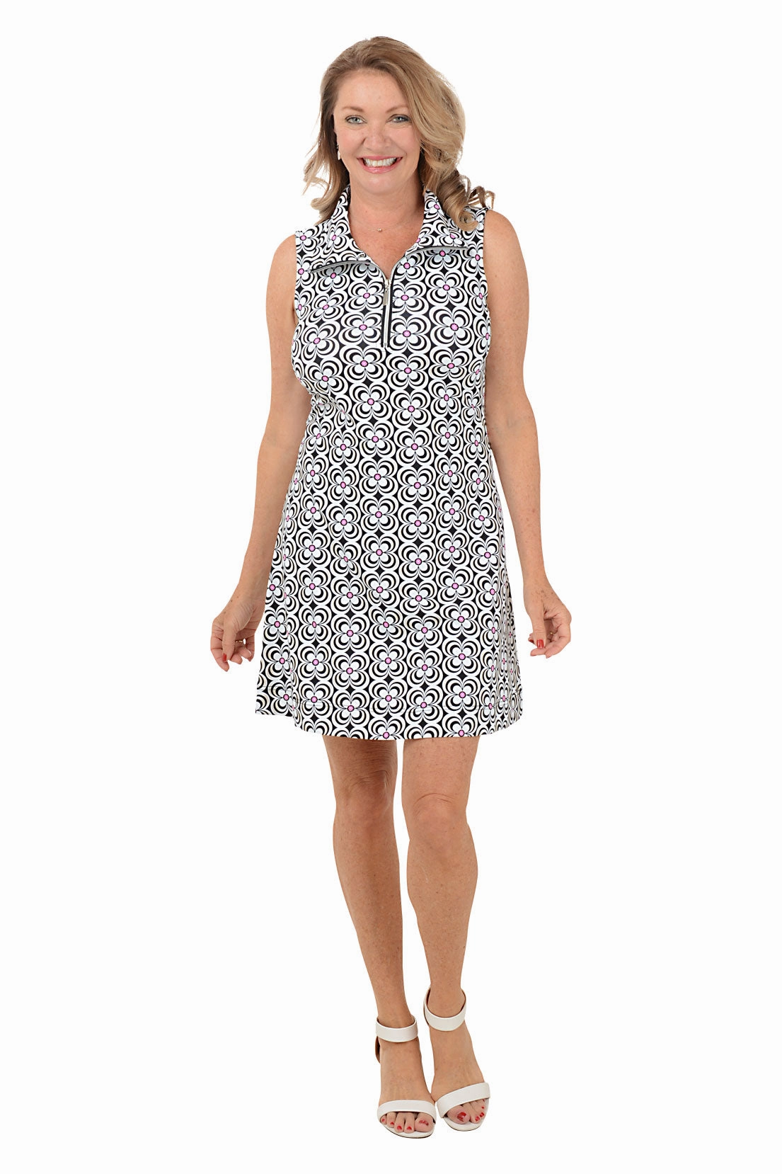 Black Optical Daisy UPF50  Sleeveless Dress Sleek Draping Comfortable Design Wear