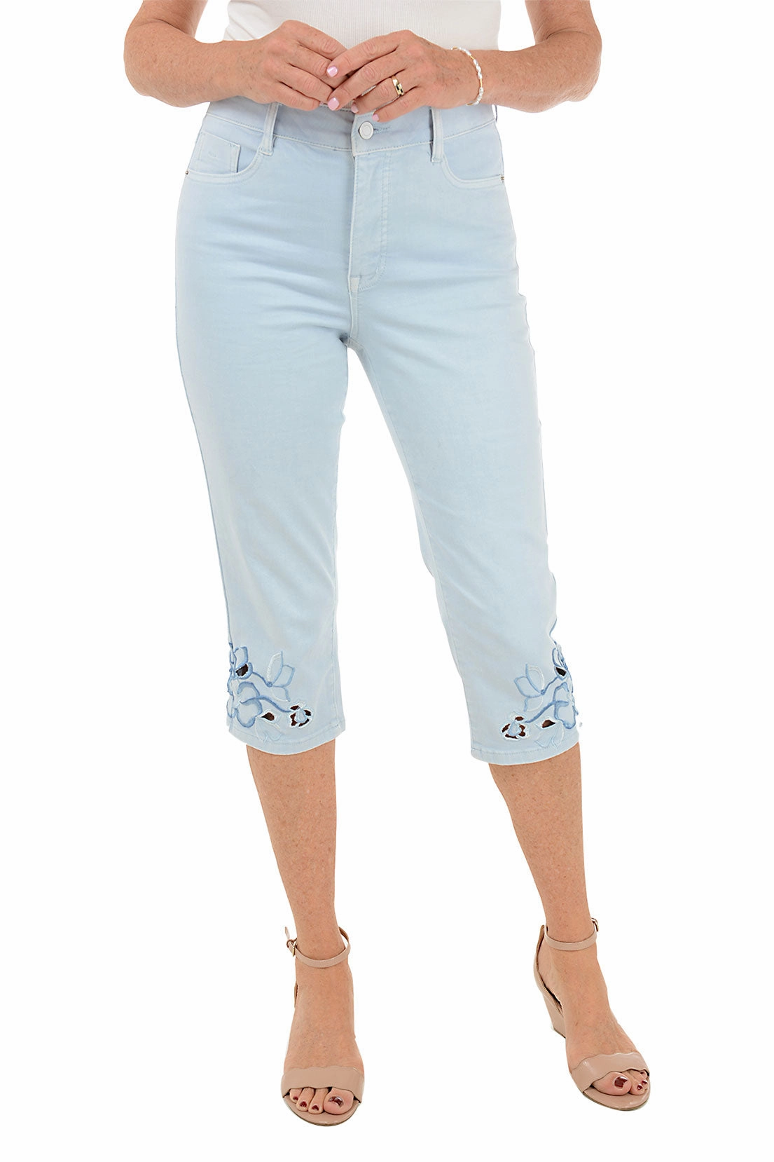 Blue Floral Embroidered Denim Capri Pant Easy Comfort