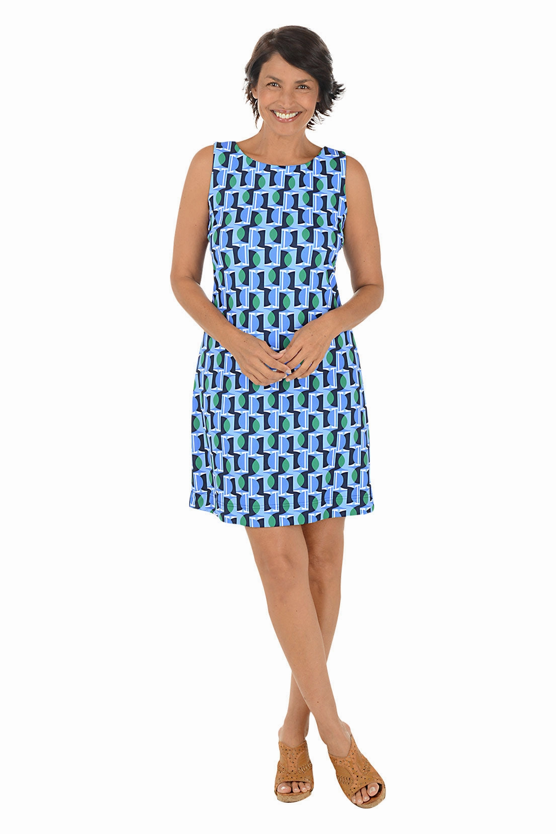 Blue Green Half Moon UPF50  Sleeveless Shift Dress Refined Form
