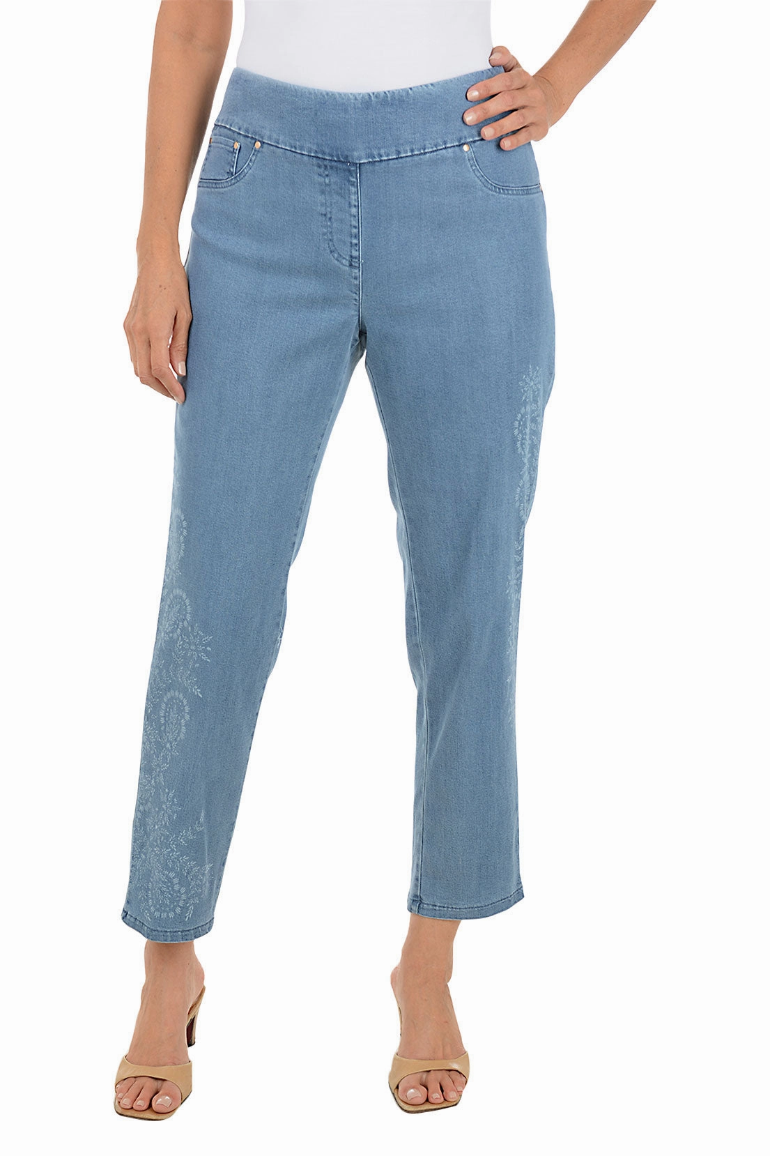 Boho Chic Floral Stenciled Denim Pant Friction Resistant Fabric