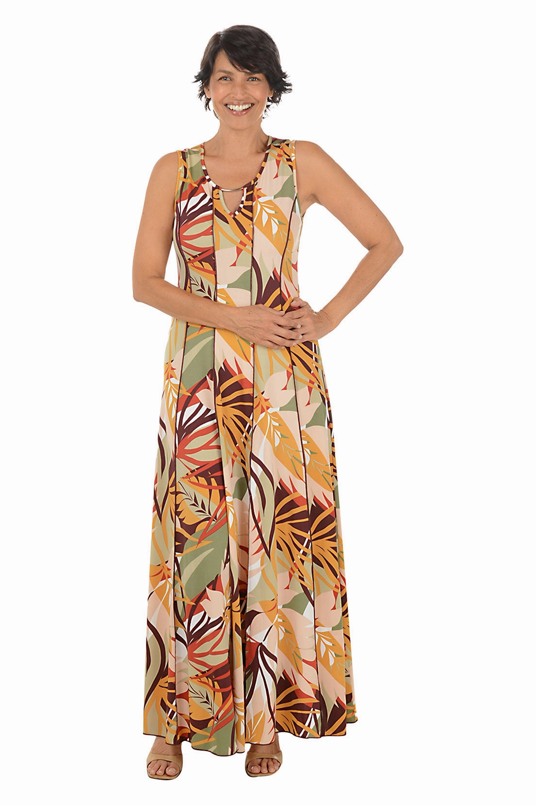 TaglessDesign Calm Aesthetic Bold Jungle Sleeveless Seamed Maxi Dress