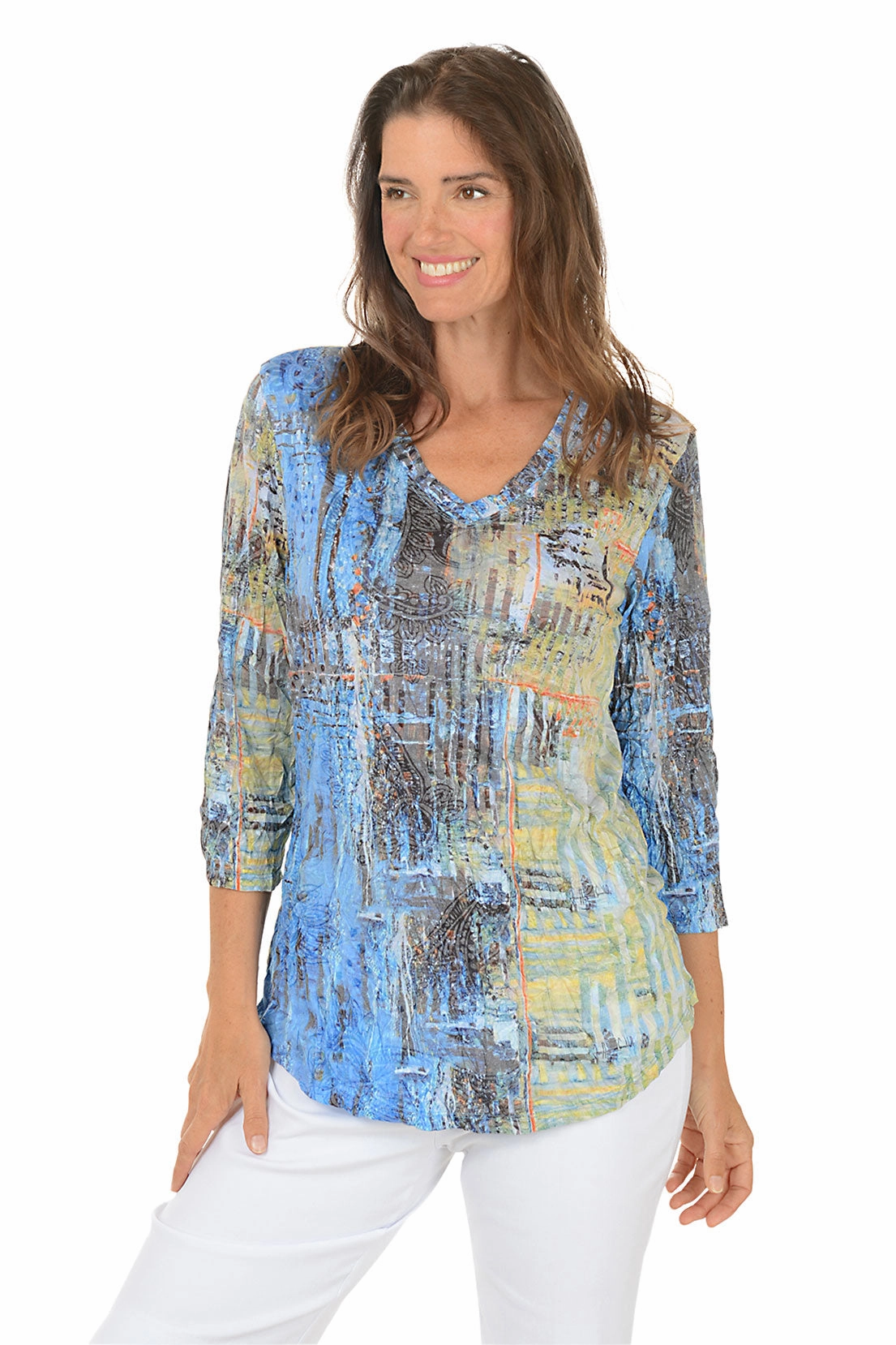 Stretchable Cuff Everyday Wear Sunny Day Gradient Crinkle V-Neck Top