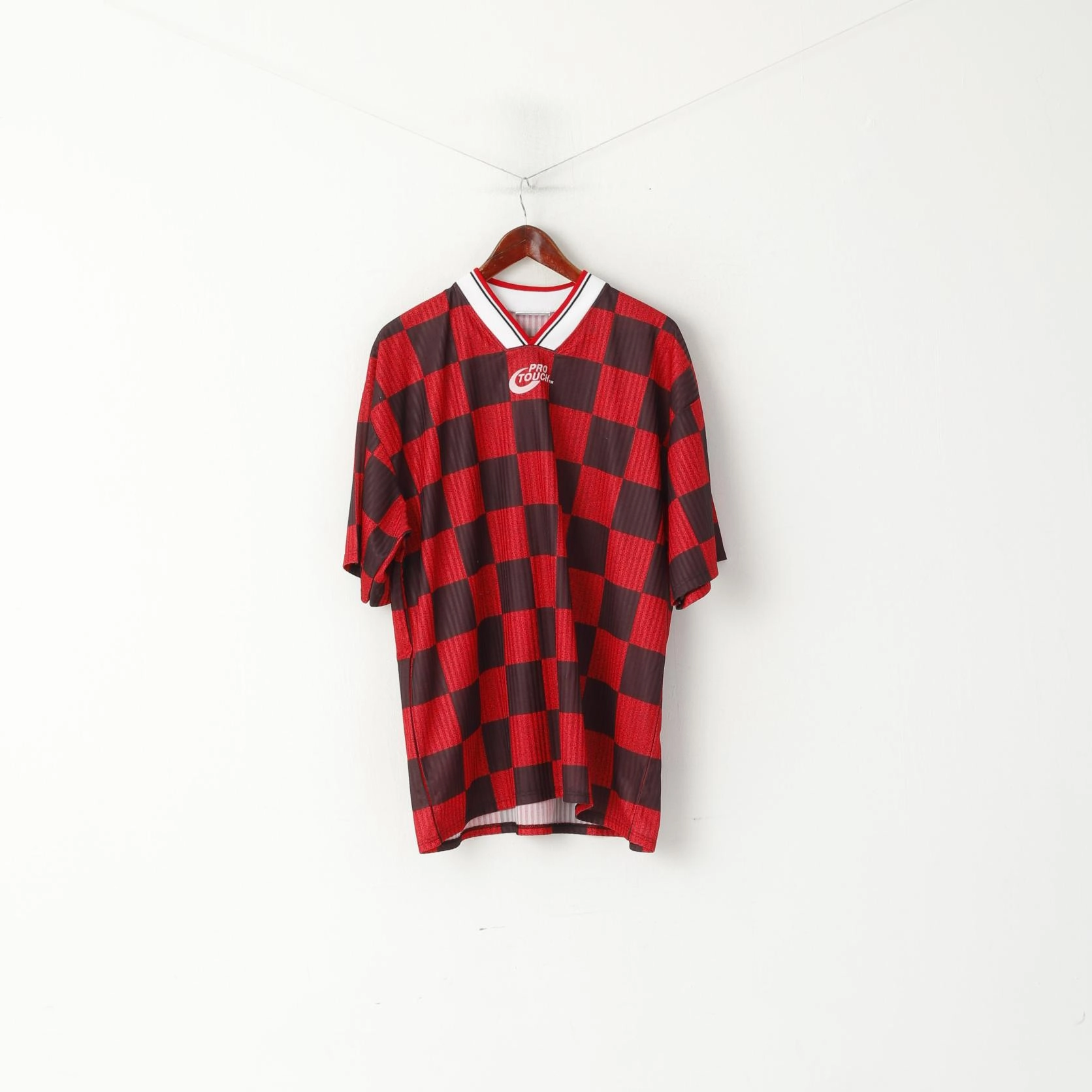 Pro Touch Men XL Shirt Red Black Check Football Vintage Traning Jersey Top Vegan Stylish Layer Look