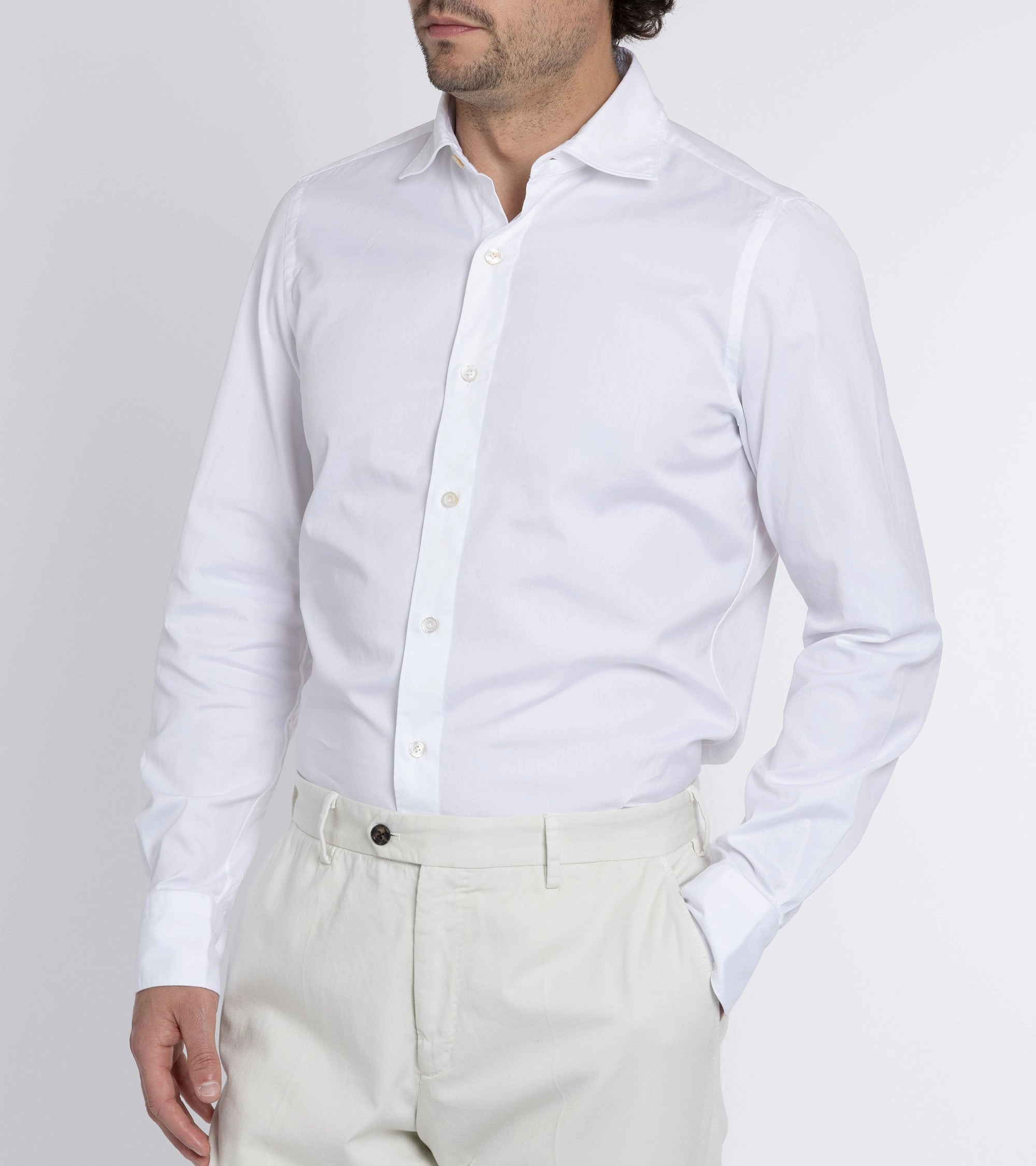 Low Profile Pocket Design Fashion-Forward Finamore Gaeta Classic Cotton Luigi Sport Shirt: Fine Oxford White