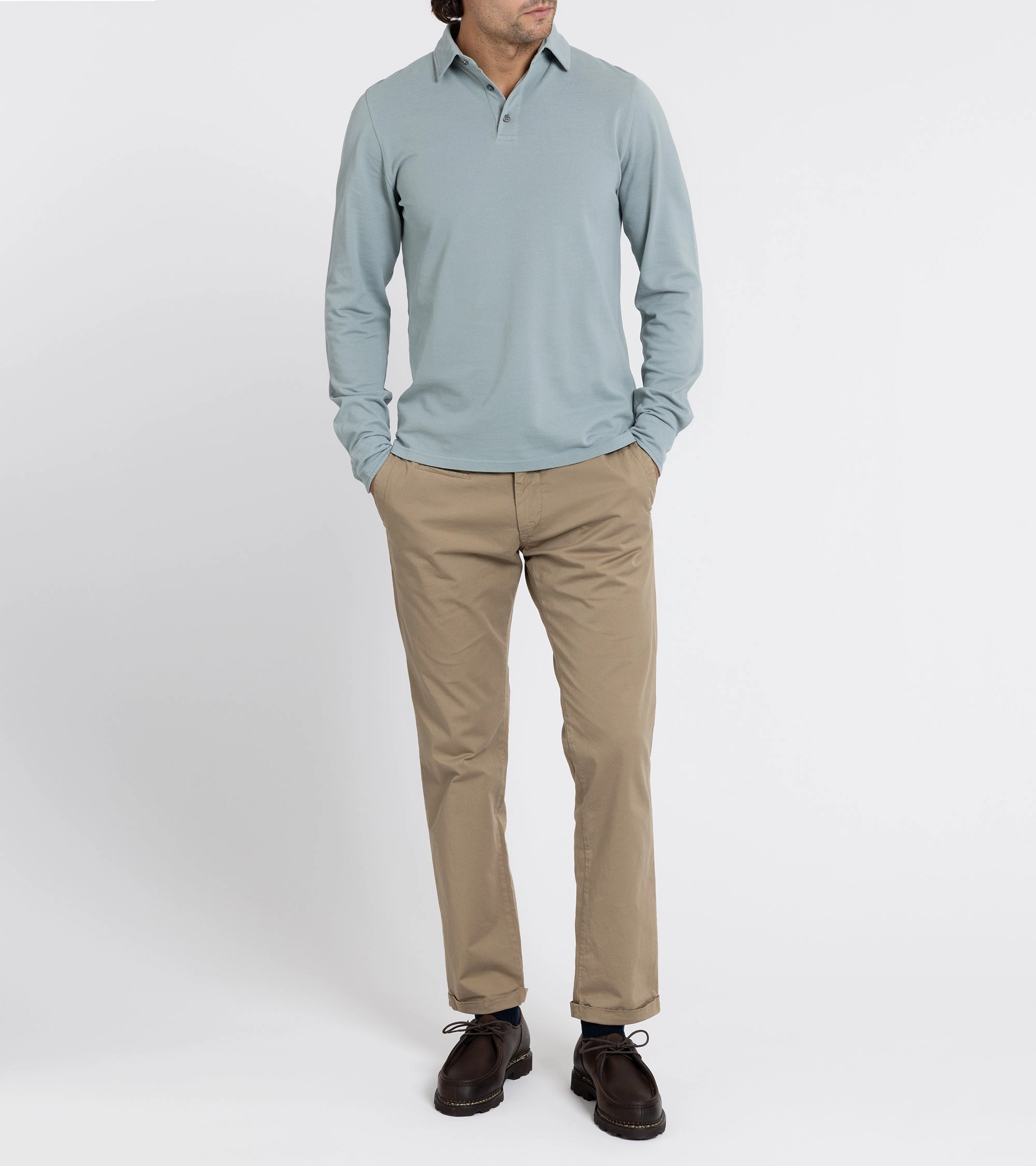 Comfortable Look Unstructured Silhouette Trunk Moxon Long Sleeve Polo Shirt: Slate Blue