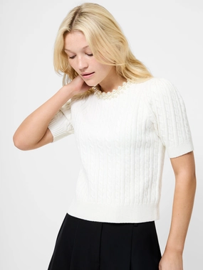 Embellished Neck Short Sleeve Sweater Relaxed Warmth