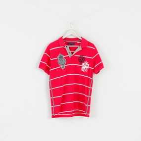 Tommy Hilfiger Men L Polo Shirt Amaranth Striped Slim Fit Cotton Stretch Top FadeResistantPrint LowImpact Manufacturing