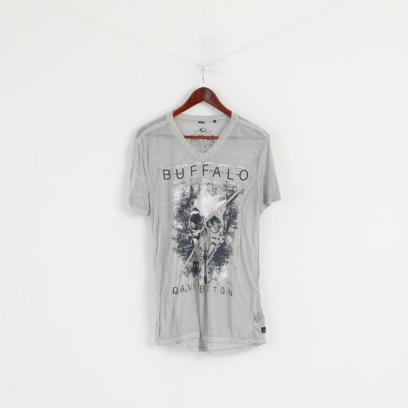 Buffalo David Bitton Men S Shirt Grey Cotton Stretch V Neck thin Material Fit Top loose fitting