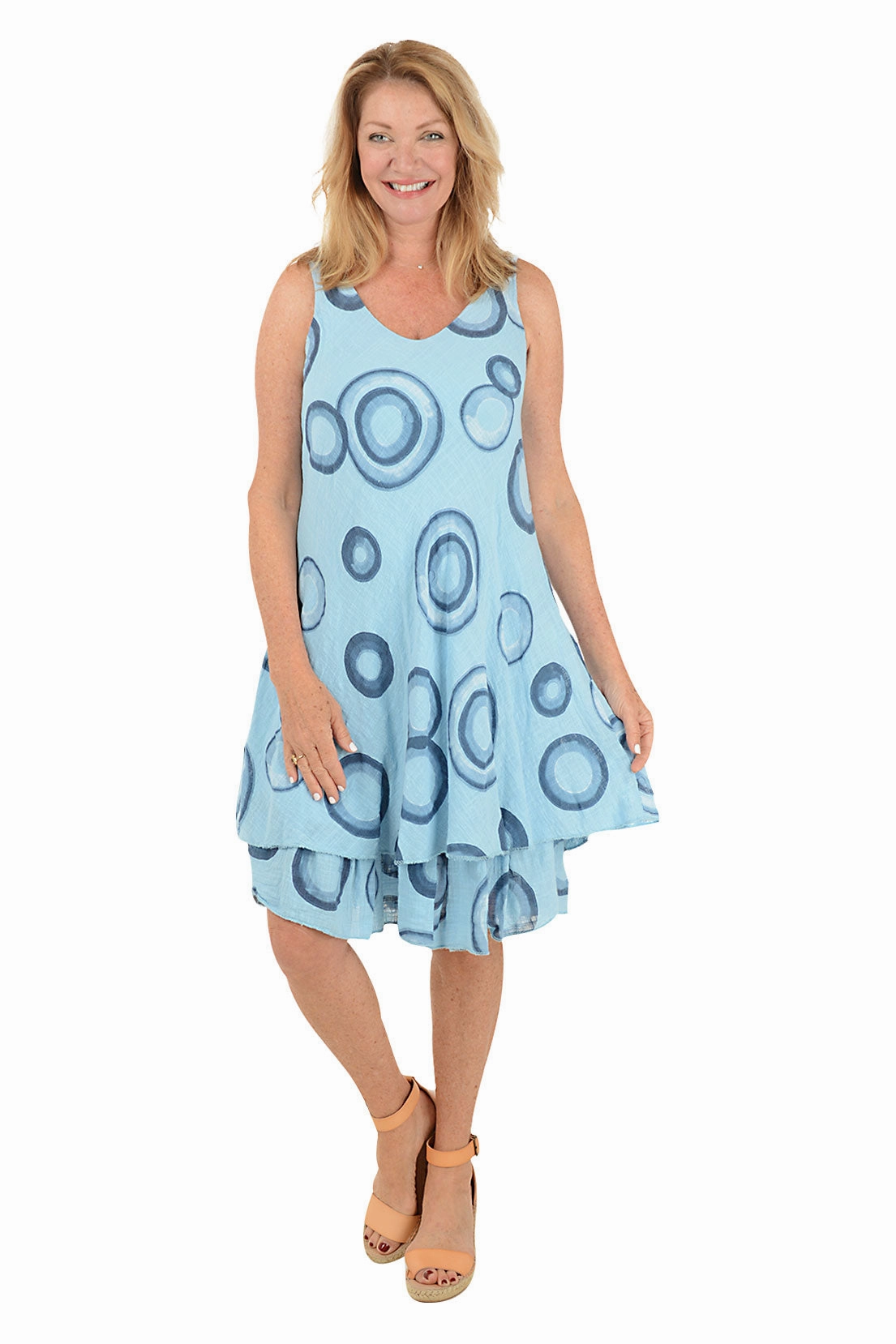 Boxy-Style Luxe Fabric Bullseye V-Neck Sleeveless Dress