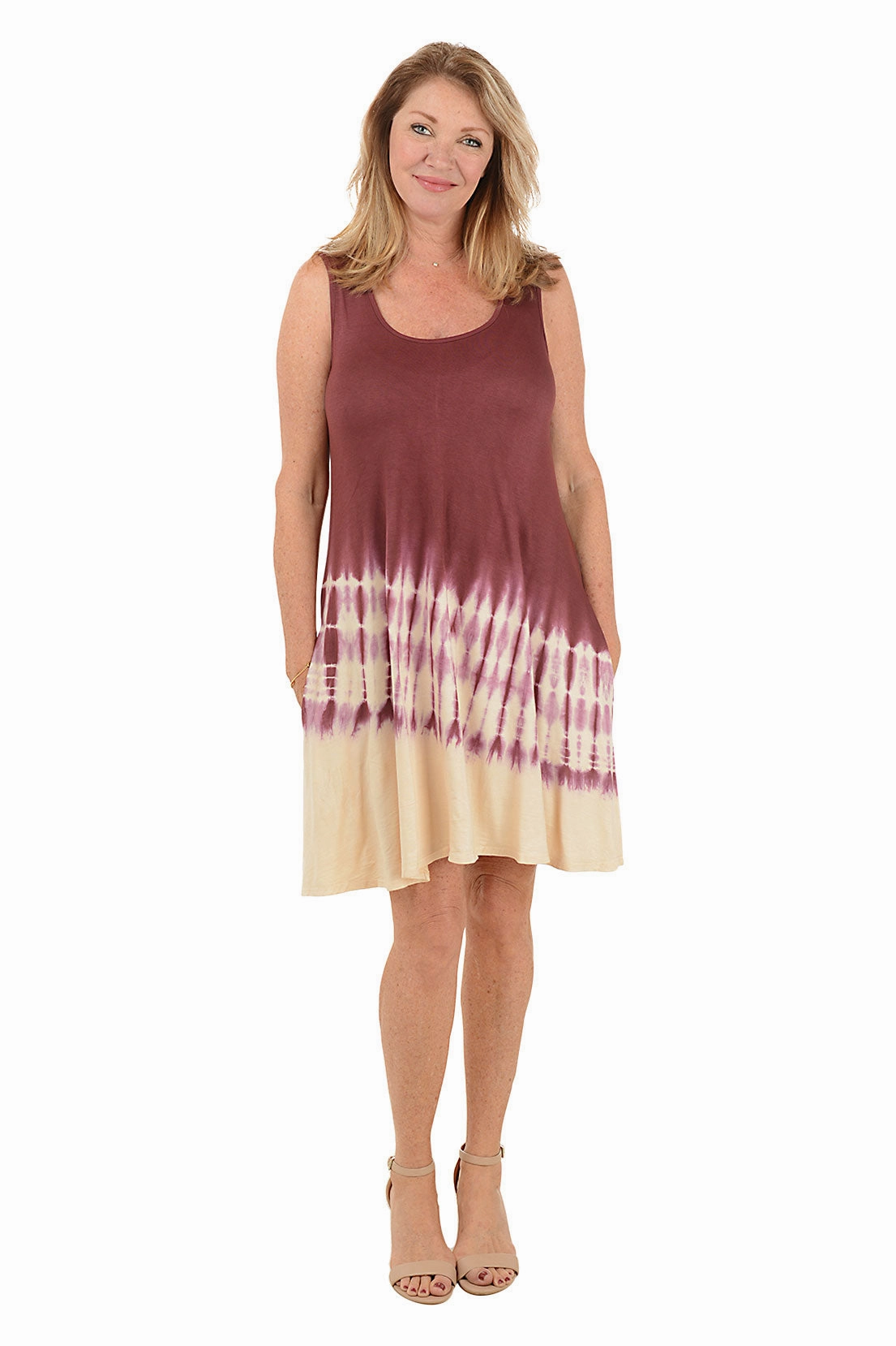 Tailored Elegance Feather Light Burgundy Diagonal Tie-Dye Sleeveless Dress