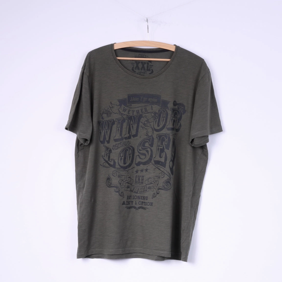 C&A Clockhouse Mens XXL T-Shirt Green Cotton Graphic Win Or Lose Top Easy Wear Casual Layering