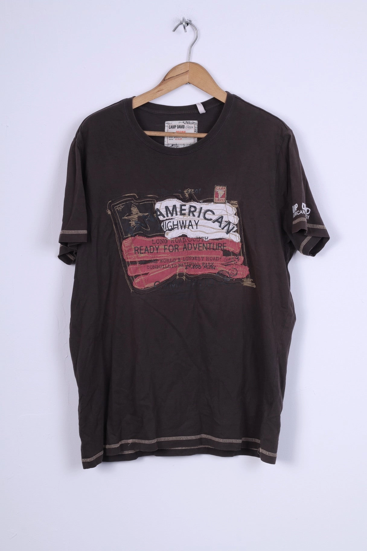 Camp David Mens XL T-Shirt Brown Outdoor Wear Cotton Graphic Top Soft and Light Wear Linen blend