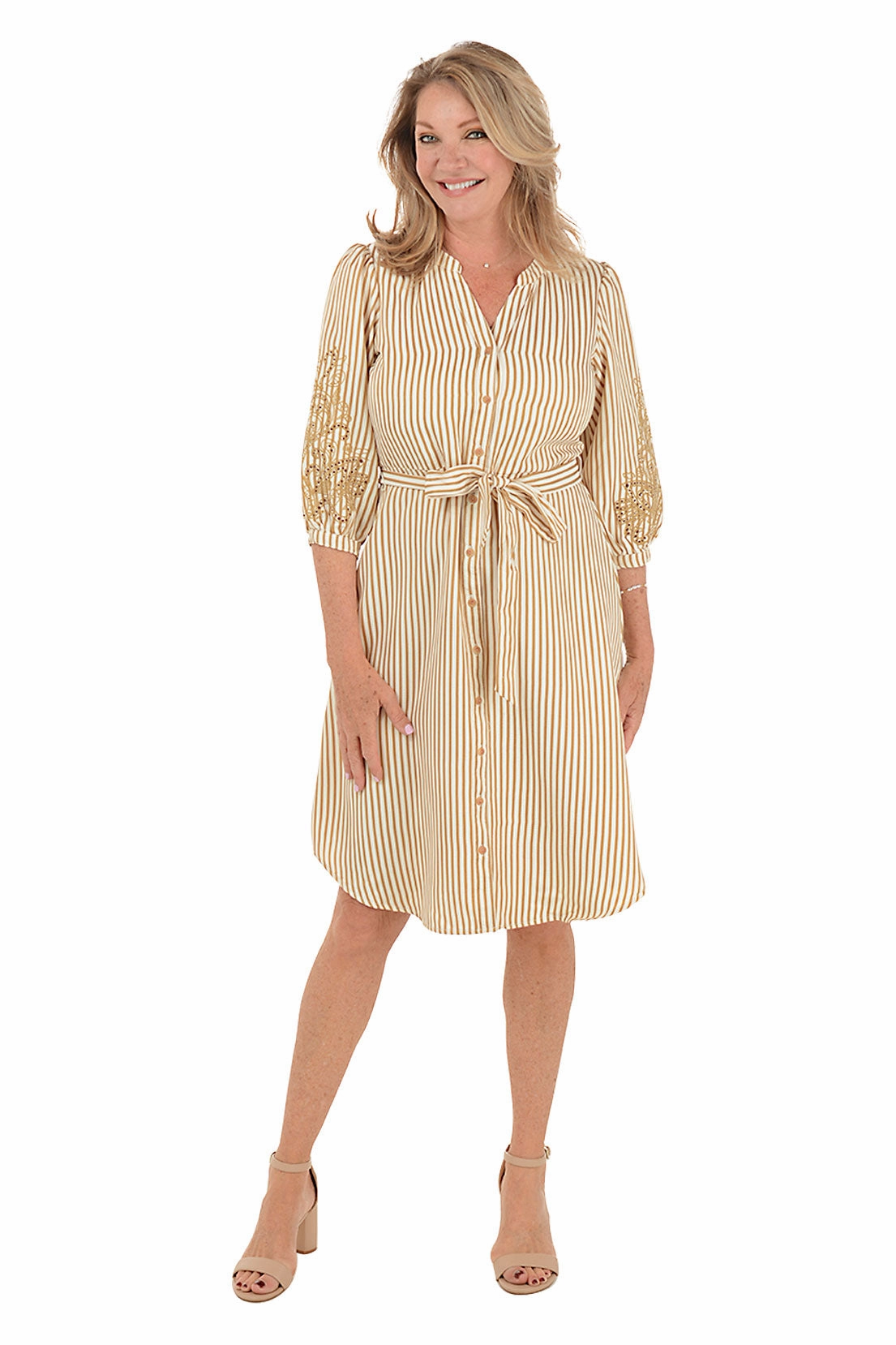 Bodycon Fit Light Rhythm Caramel Embroidered Sleeve Seersucker Stripe Dress