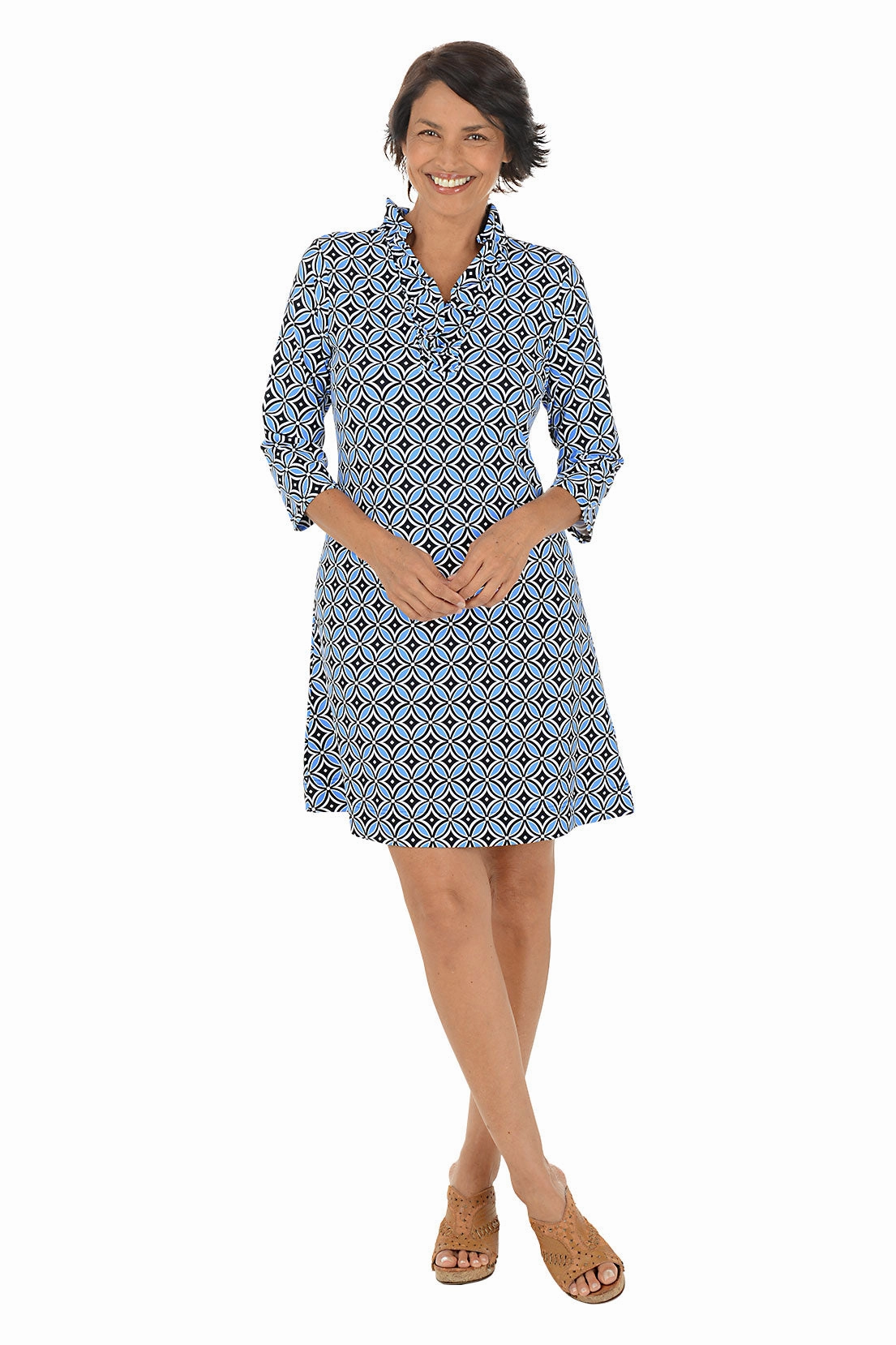 Blue Compass Rose UPF50  Ruffle Neck Dress Easy Flow Playful printed gown
