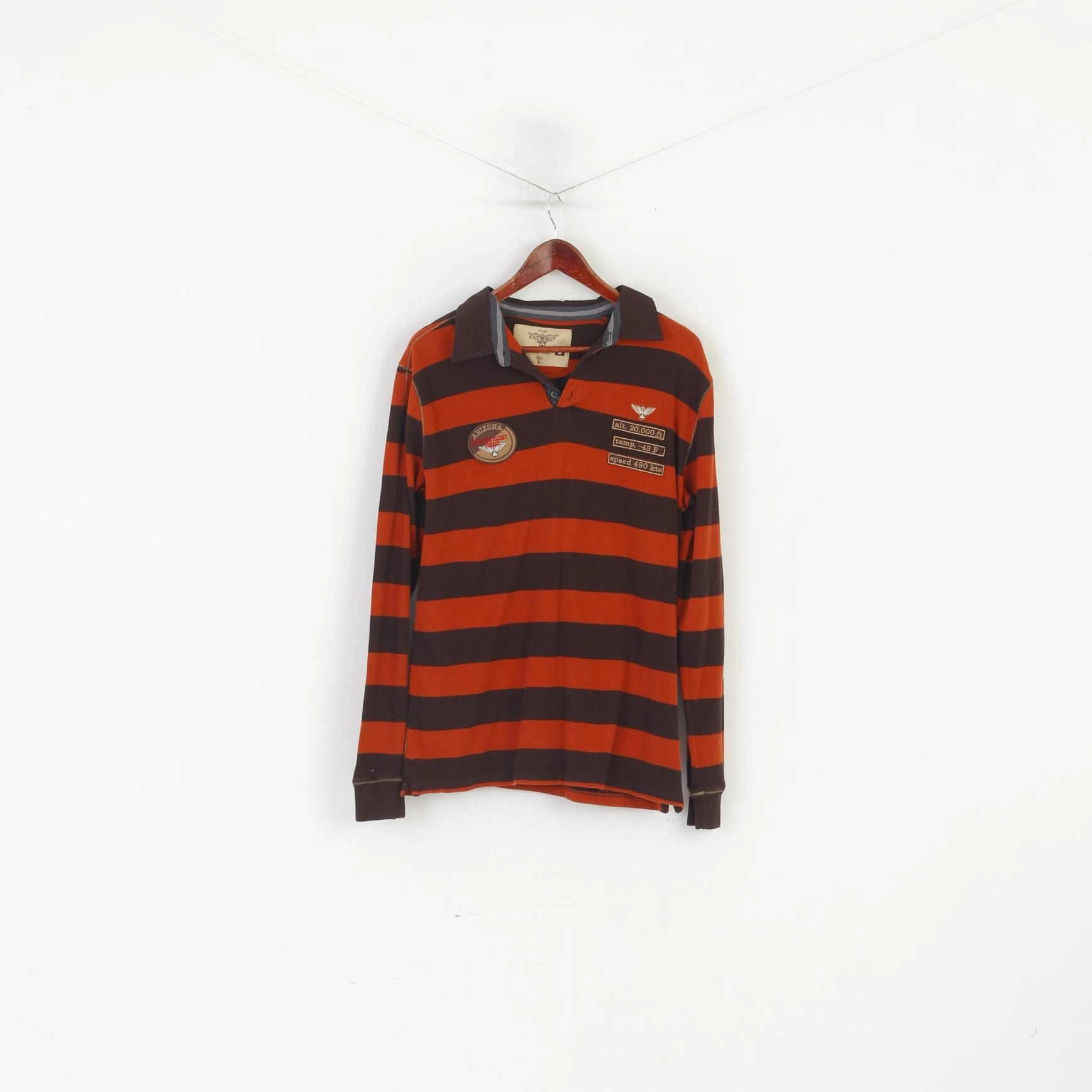 Minimal Fit High Density Knit Kitaro Men L Polo Shirt Brown Phoenix Flight School Striped Cotton Long Sleeve Top