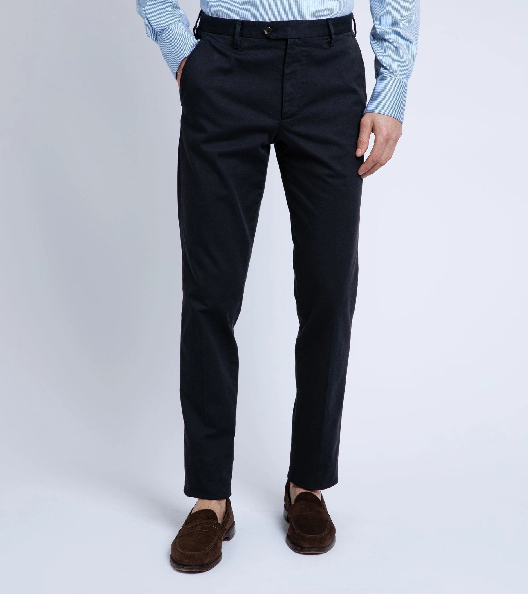 Simple Comfort Light Wear Fit Trunk Welbeck Flat Front Cotton Trousers: Navy