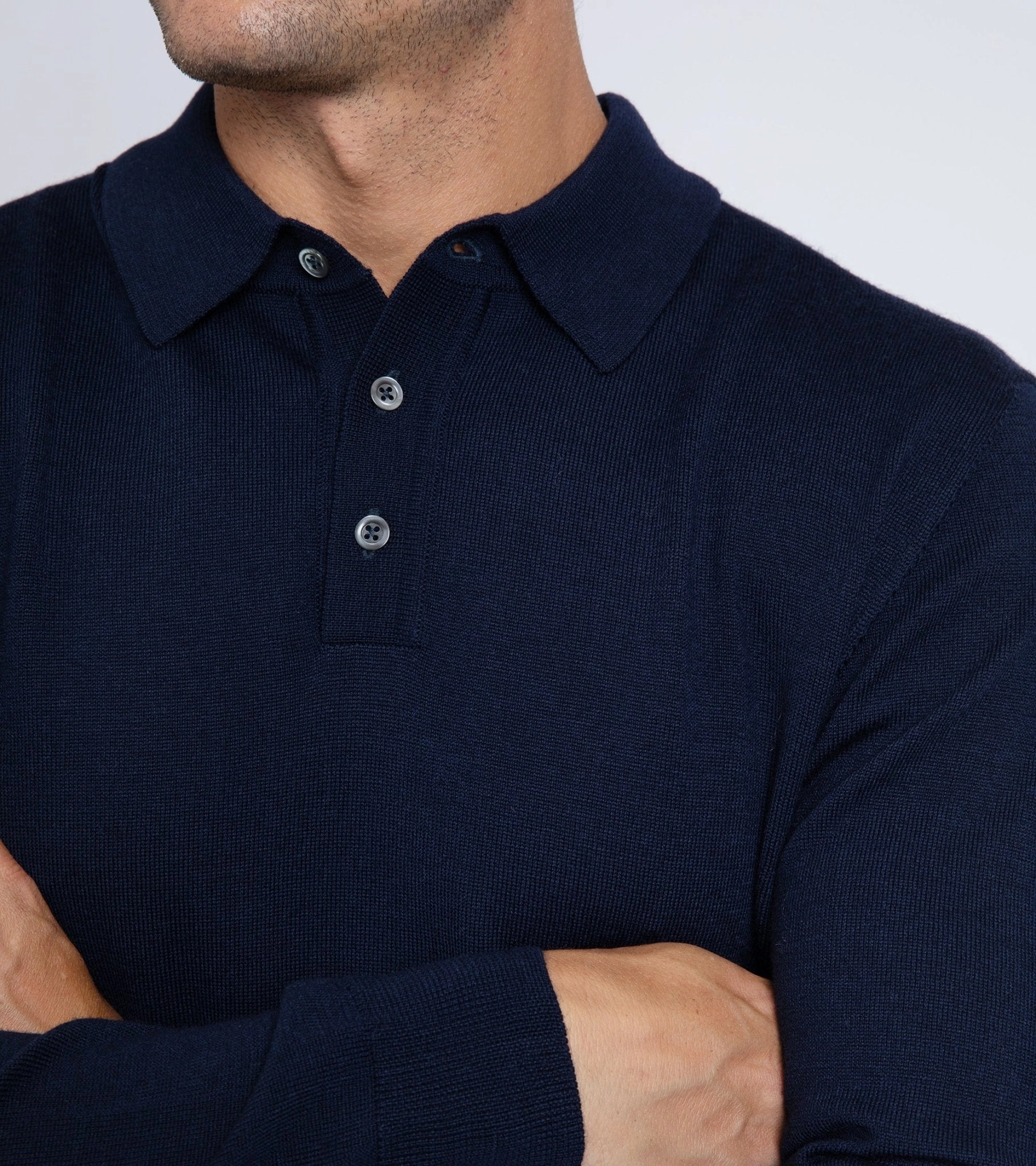 Zigzag Stitch Detail Trunk Enford Merino Knit Long Sleeve Polo Shirt: Navy