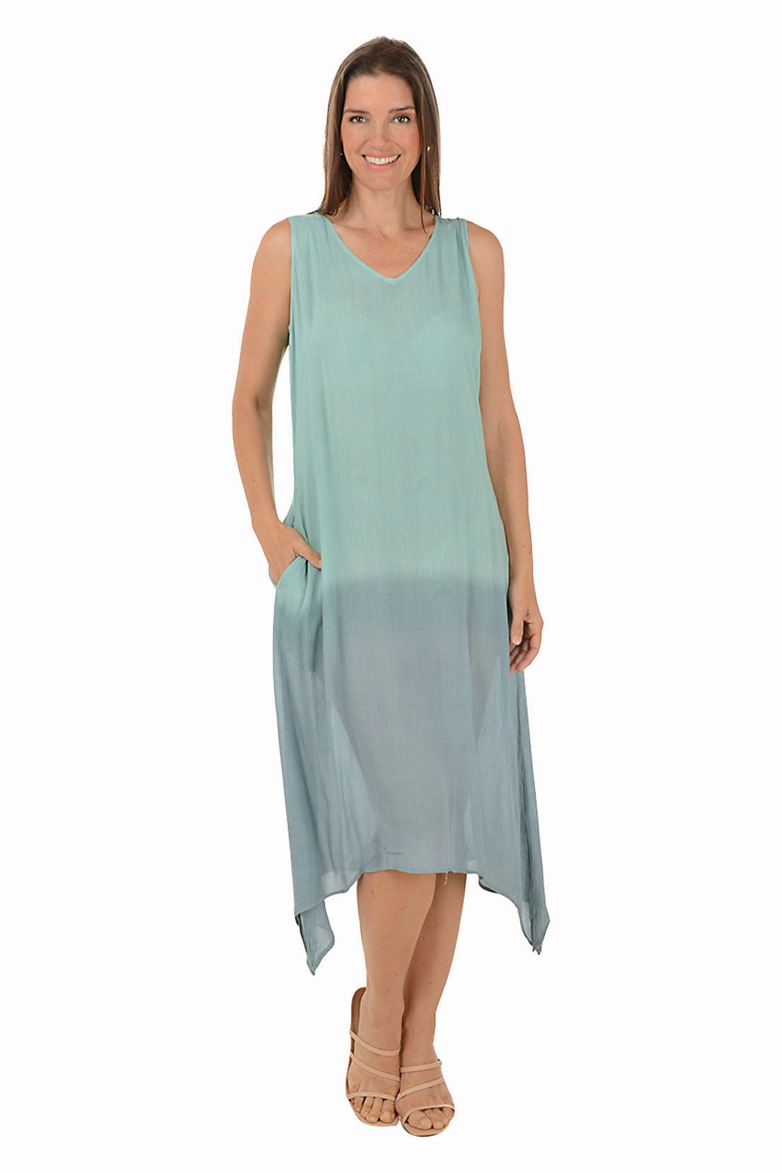 Dance Night Celadon Dip-Dye Sleeveless Midi Dress