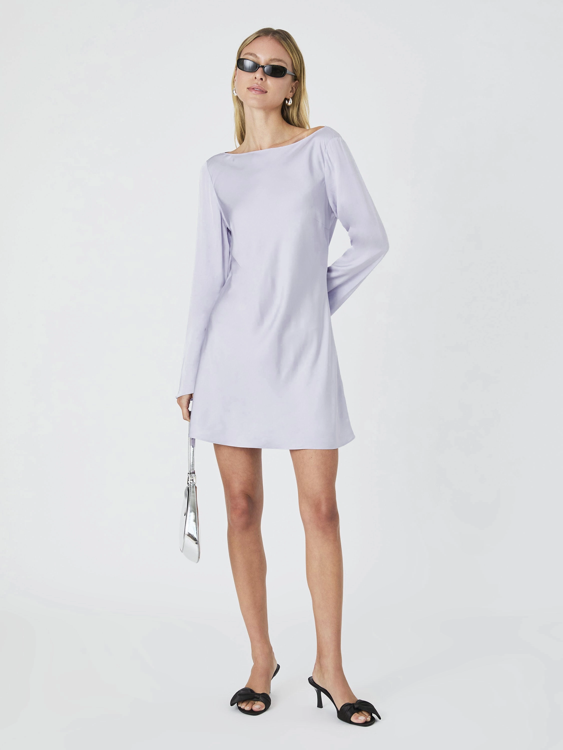 Ennis Satin Longsleeve Mini Dress Lavender Silky Movement Trendy Appearance