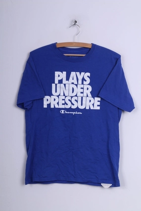Champion Mens M T-Shirt Crew Neck Cotton Blue Plays Under Pressure Light Flex Fit Stylish and Fun